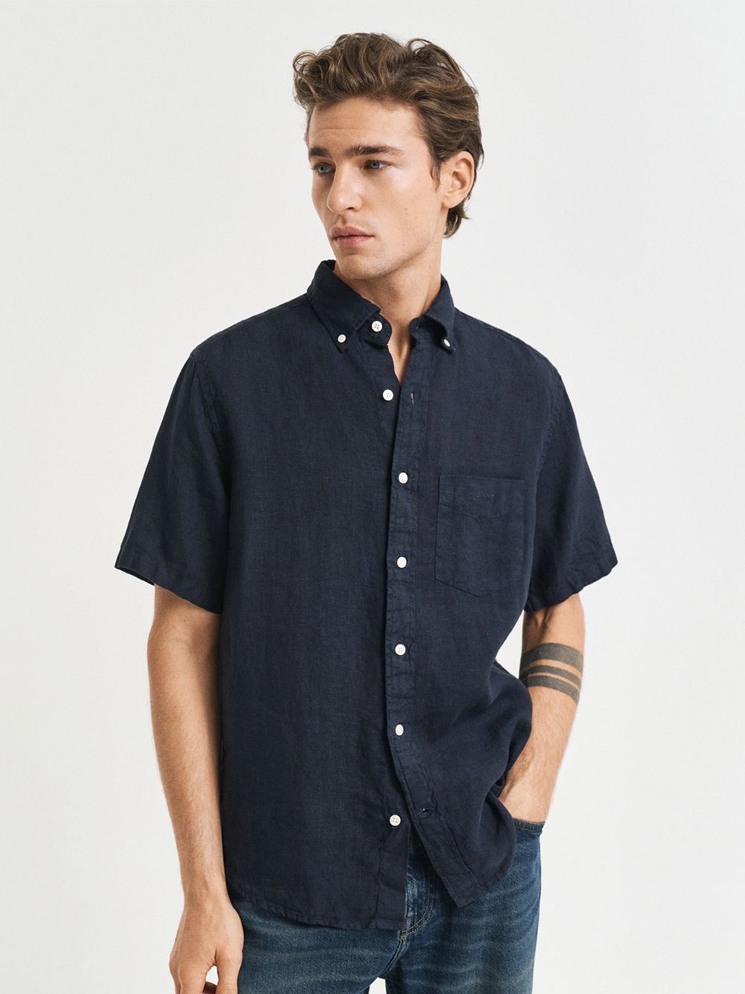 

GANT Men Button-Down Regular Garment Dyed Linen Casual Shirt, Navy blue