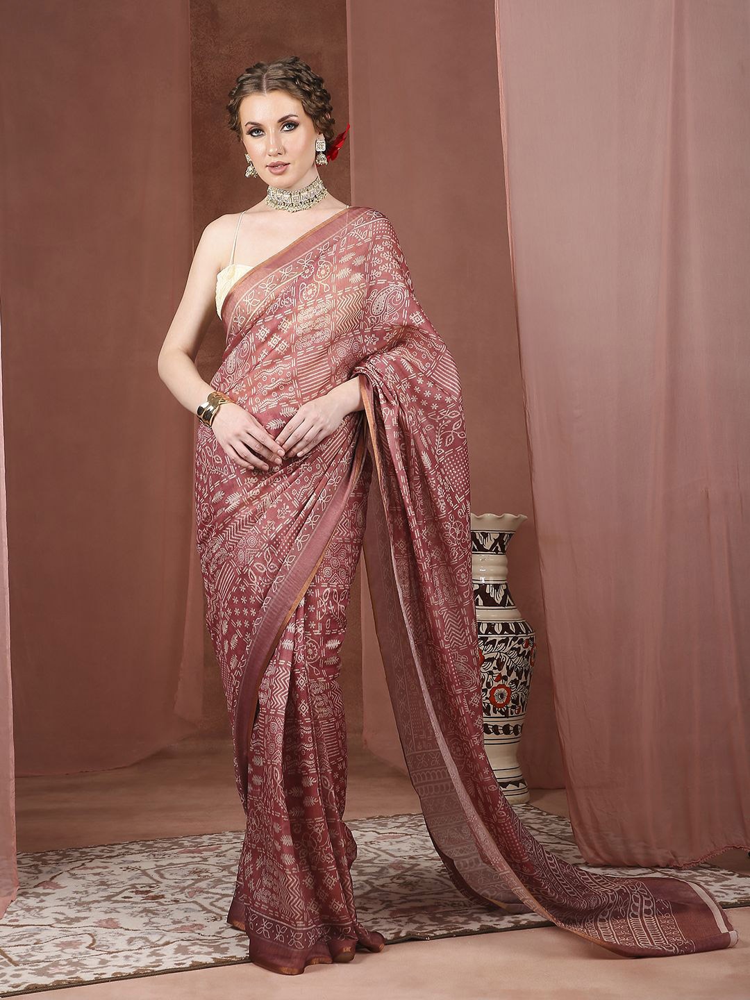 

JUST FASHION Batik Zari Block Print Saree, Pink