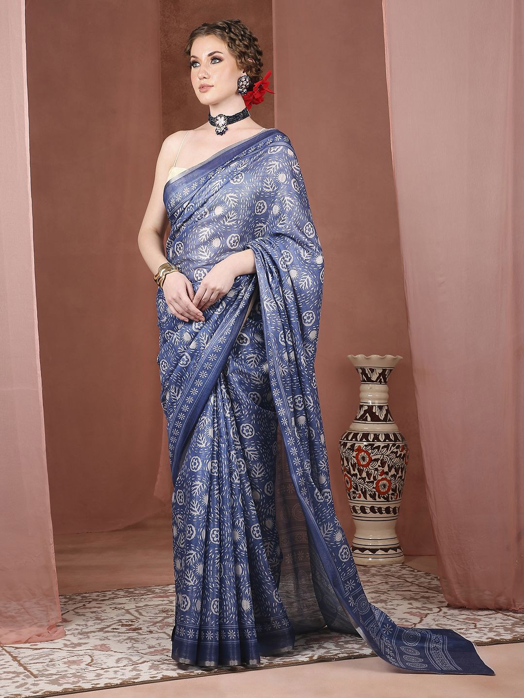 

JUST FASHION Batik Zari Block Print Saree, Blue