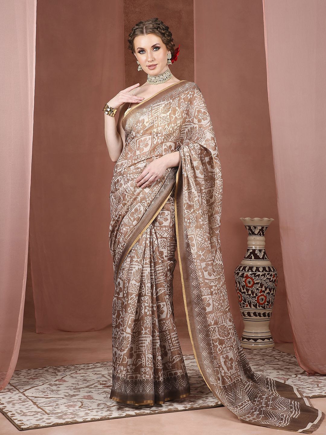 

JUST FASHION Batik Block Print Saree, Brown