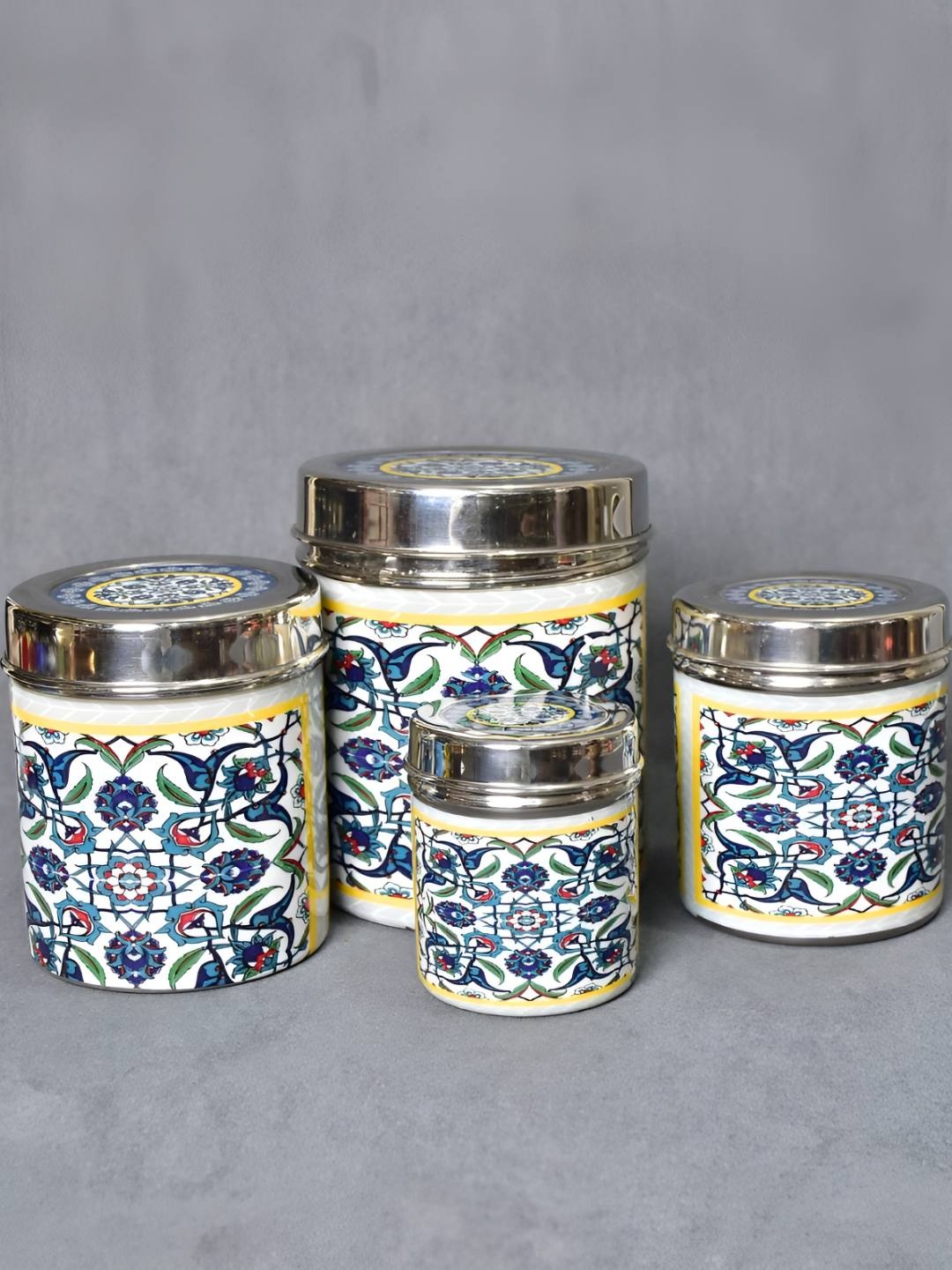 

THE HOME CO. Blue & White 4 Pieces Printed Stainless Steel Container