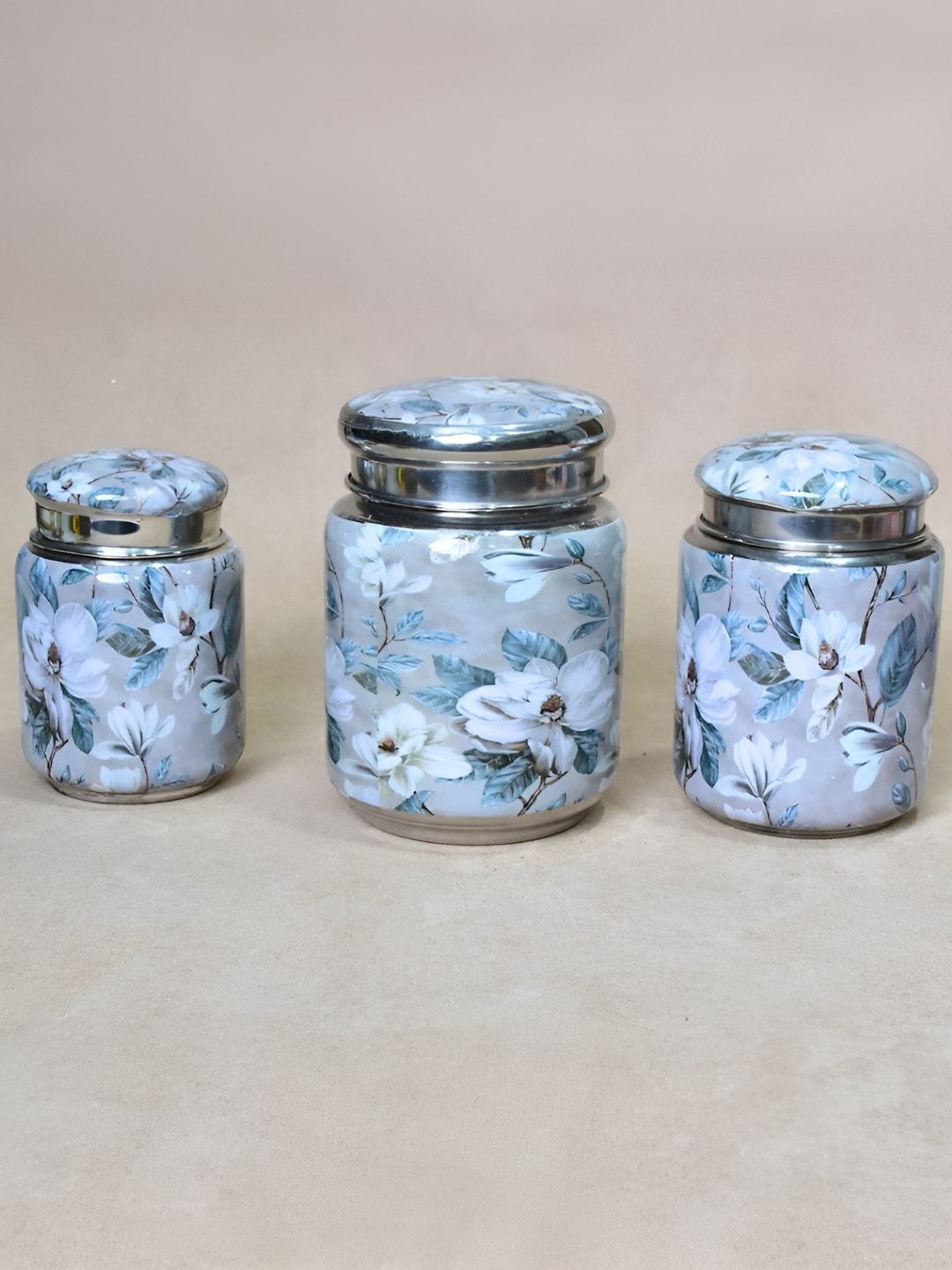 

THE HOME CO. Grey & Blue 3 Pieces Floral Printed Stainless Steel Container