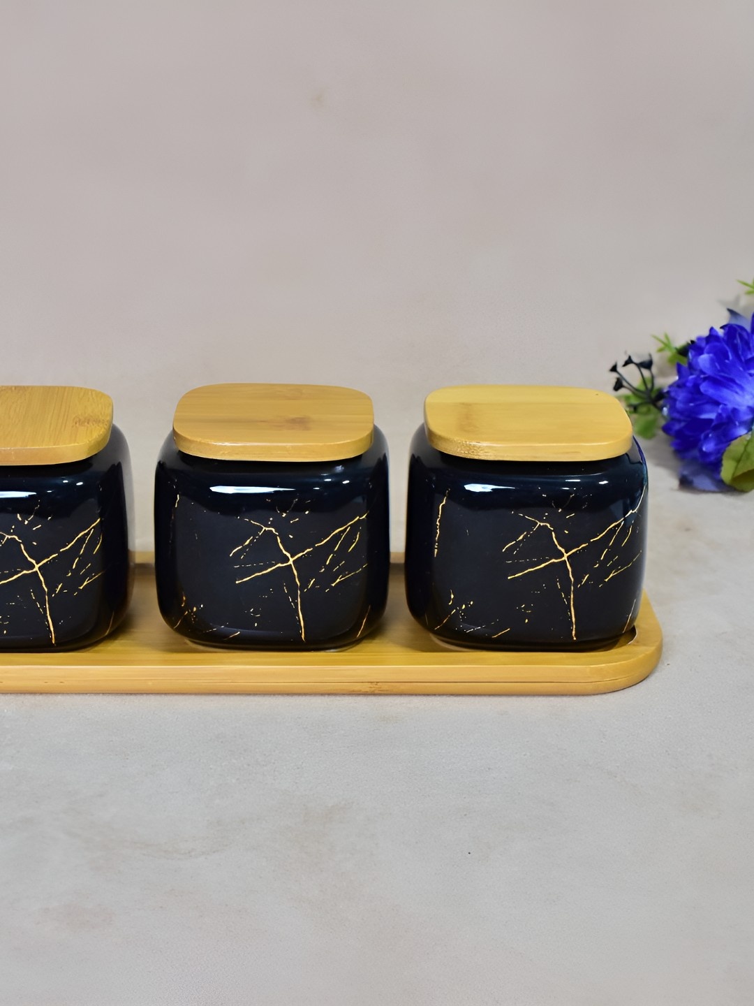 

THE HOME CO. Black & Yellow 3 Pieces Printed Ceramic Container With Bamboo Tray