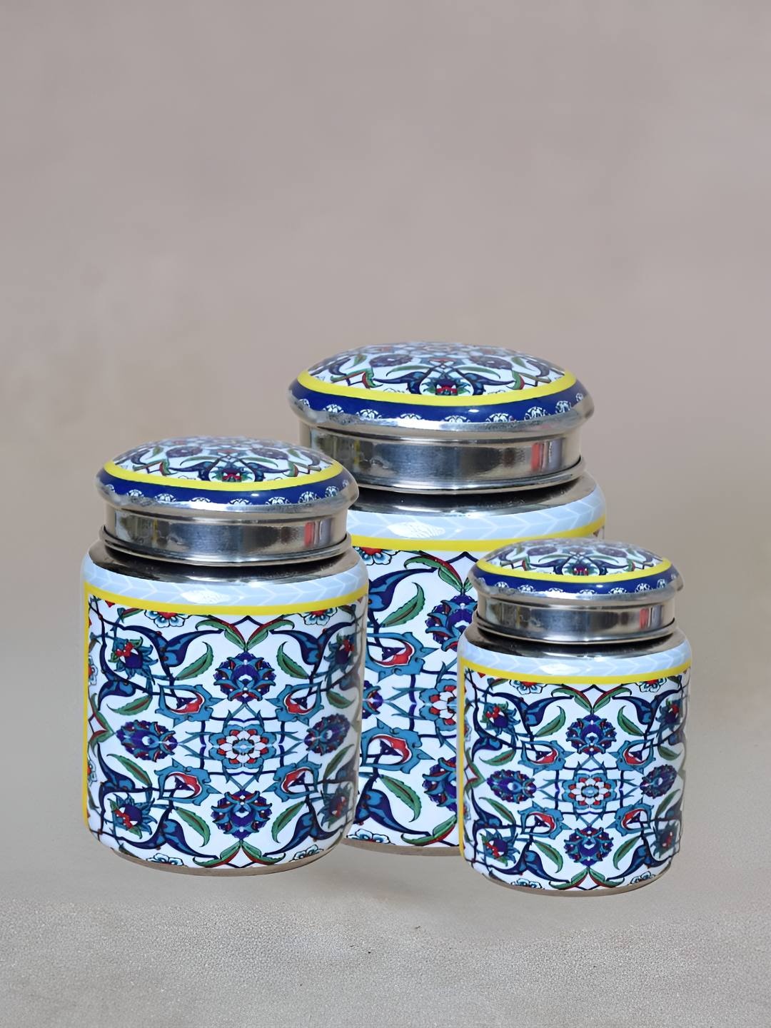 

THE HOME CO. Blue & White 3 Pieces Printed Stainless Steel Container