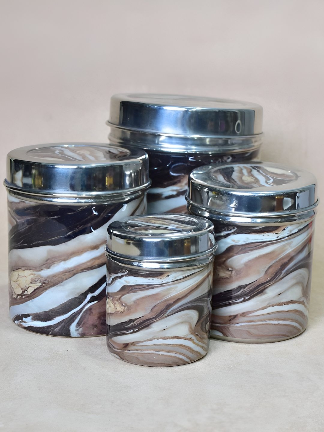 

THE HOME CO. Brown 4 Pieces Marble Stainless Steel Easy to Clean Container