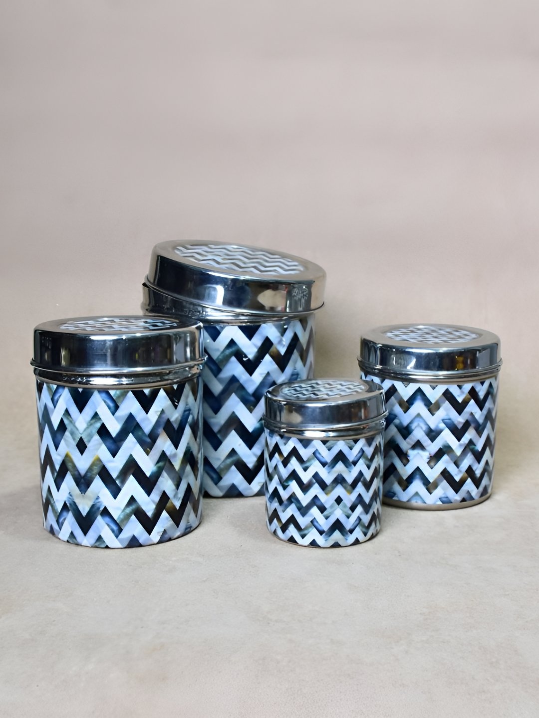 

THE HOME CO. Blue & Silver Toned 4 Pieces Printed Stainless Steel Container
