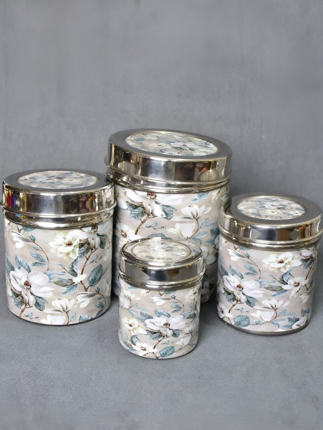 

THE HOME CO. Grey & White 4 Pieces Floral Printed Stainless Steel Container