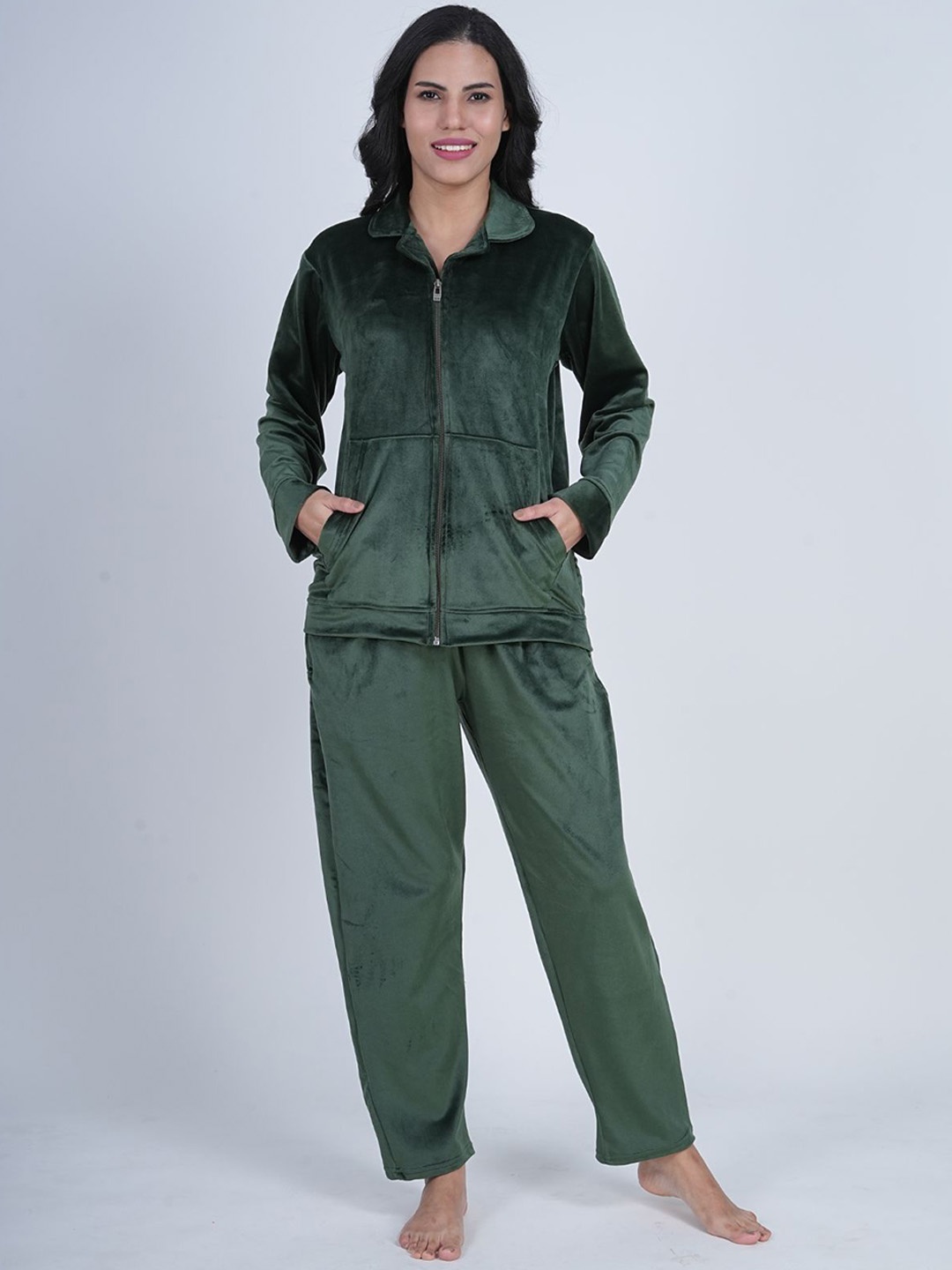 

Aartej Women Shirt Collar Night suit, Green