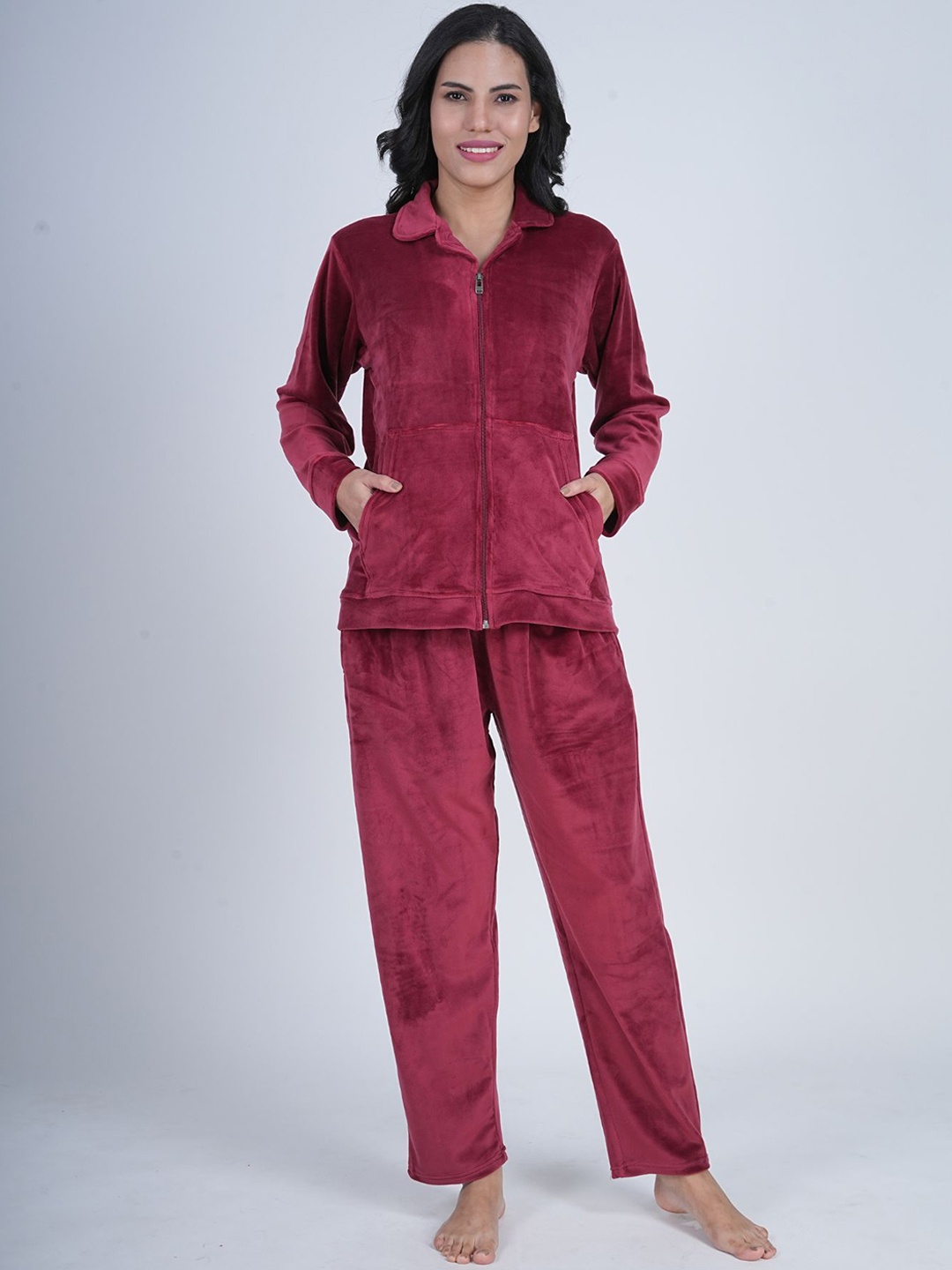 

Aartej Women Shirt Collar Night suit, Maroon