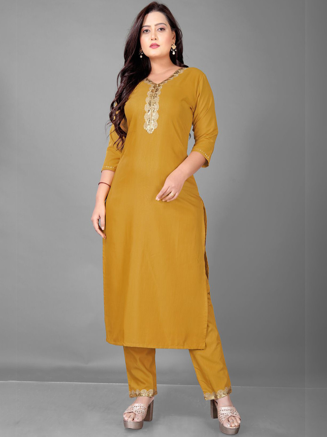 

Lerkiza Geometric Yoke Design V-Neck Sequinned & Gotta Patti Straight Kurta With Palazzo, Rust