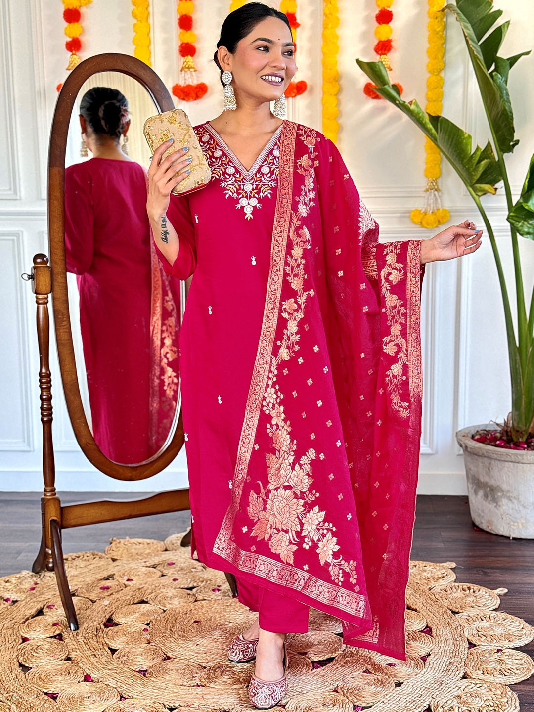 

Jinax Floral Embroidered Straight Kurta with Trousers & With Dupatta, Red