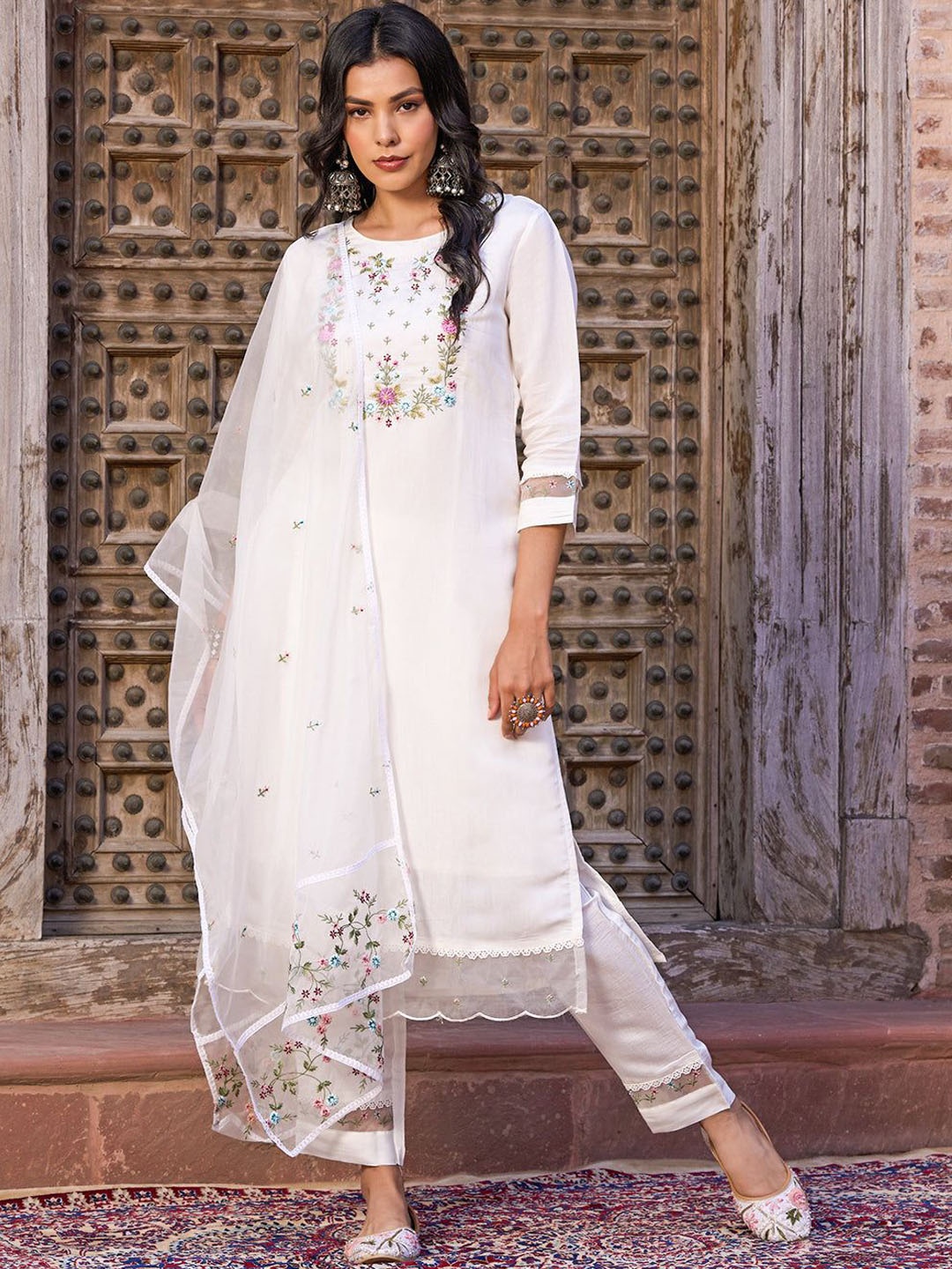 

Jinax Floral Embroidered Kurta with Trousers & Dupatta, White