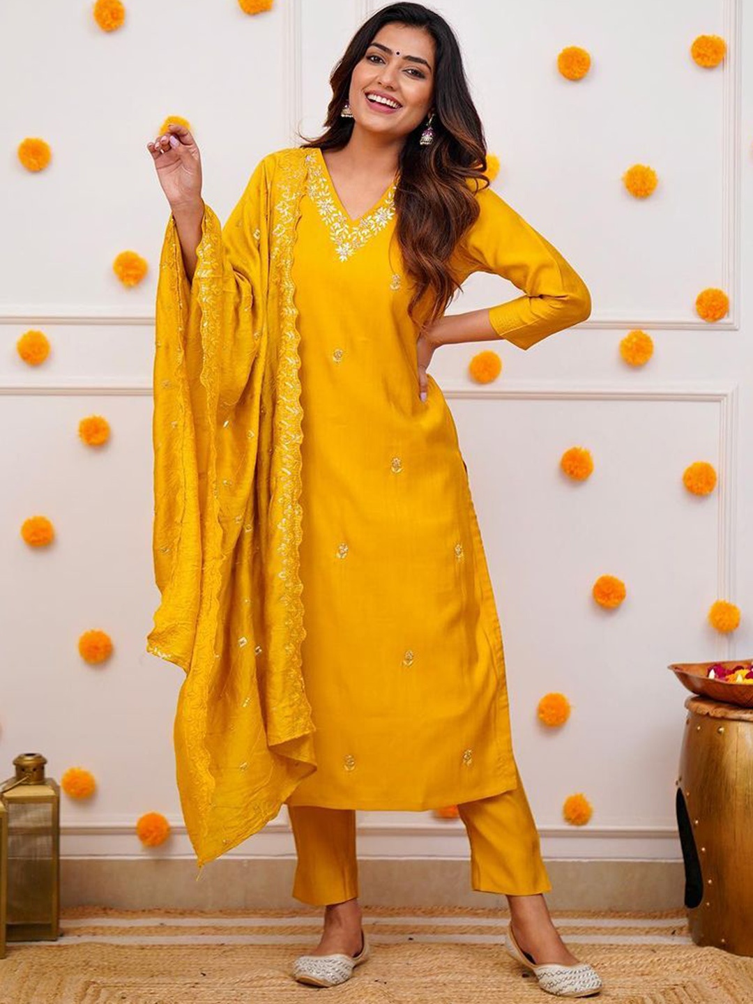 

Jinax Floral Embroidered Kurta with Trousers & Dupatta, Yellow