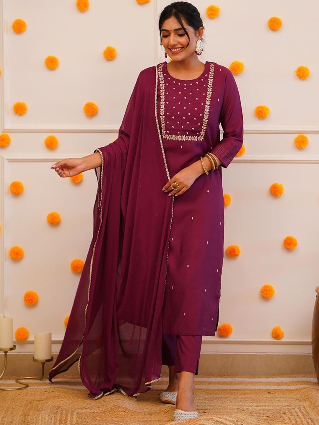 

Jinax Floral Embroidered Kurta with Trousers & Dupatta, Purple