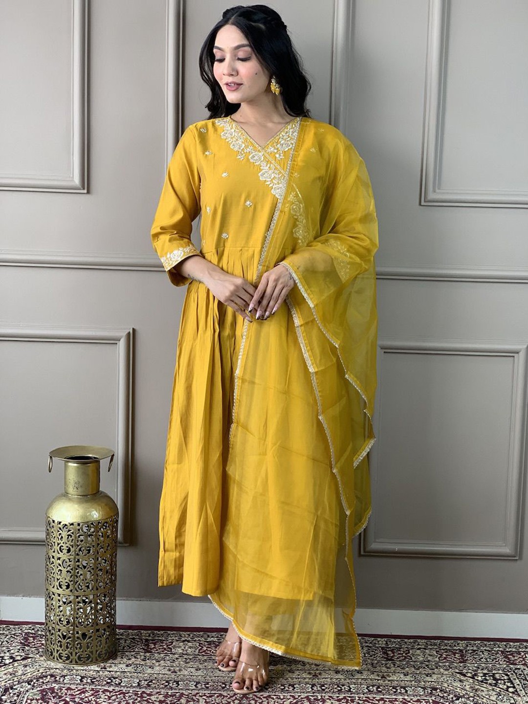 

Jinax Floral Embroidered Kurta with Trousers & Dupatta, Yellow