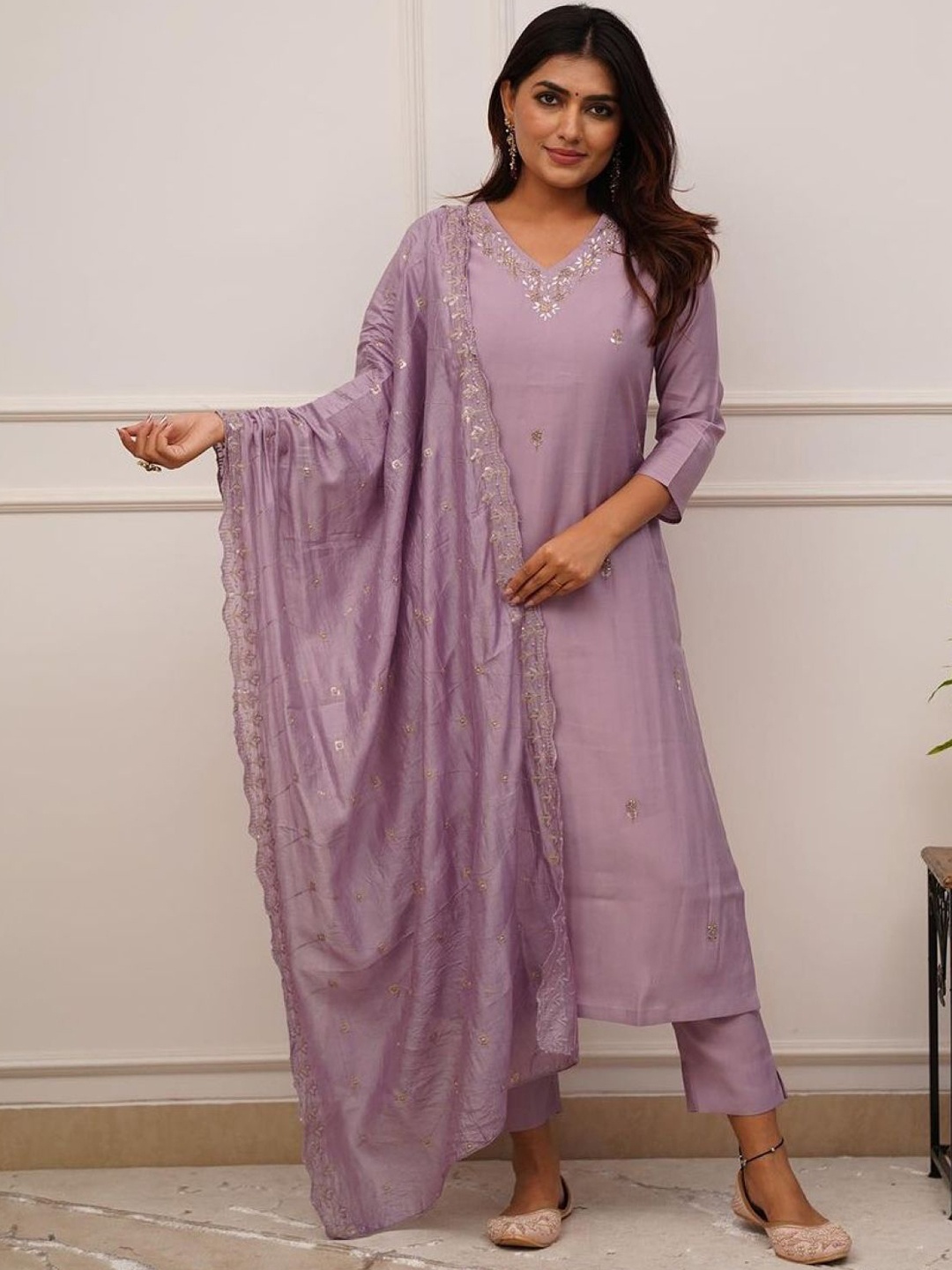 

Jinax Floral Embroidered Kurta with Trousers & Dupatta, Purple