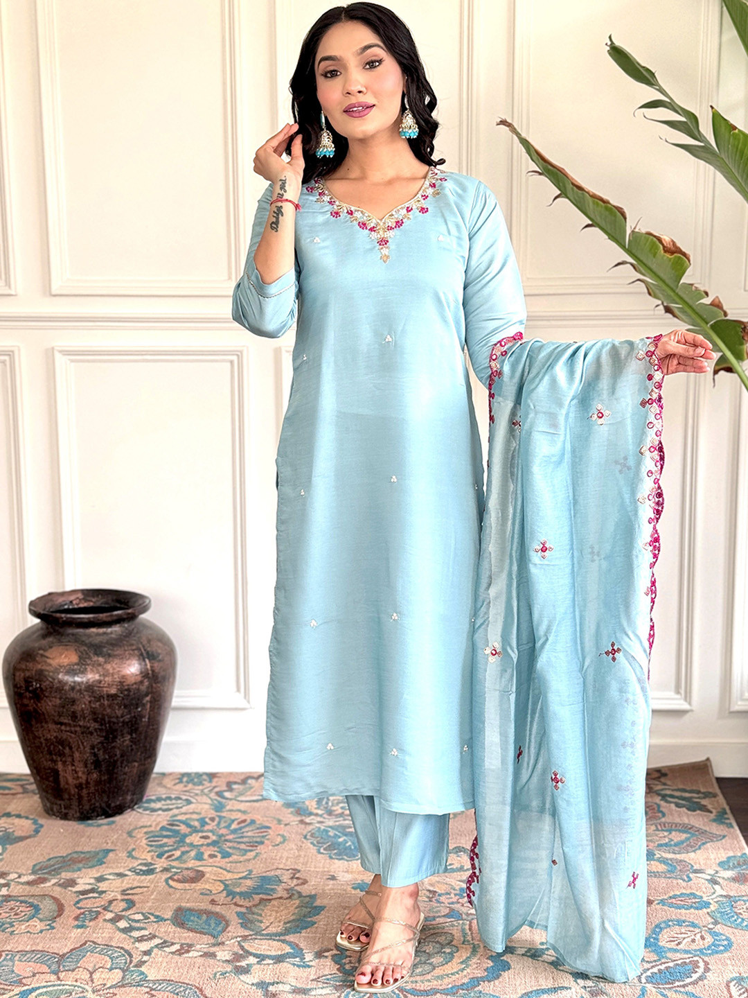 

Jinax Floral Embroidered Kurta With Trousers & Dupatta, Blue