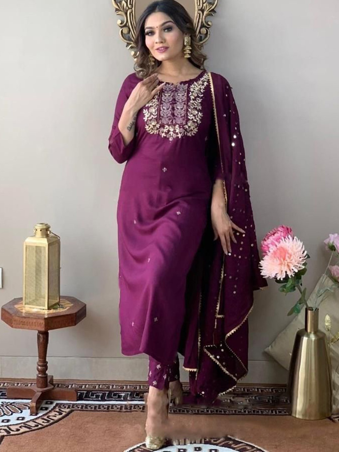 

Jinax Floral Embroidered Kurta with Trousers & Dupatta, Purple