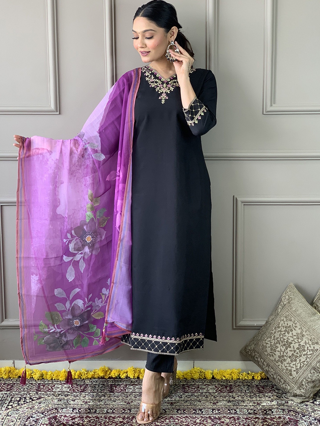 

Jinax Floral Yoke Design Kurta with Trousers & Dupatta, Black