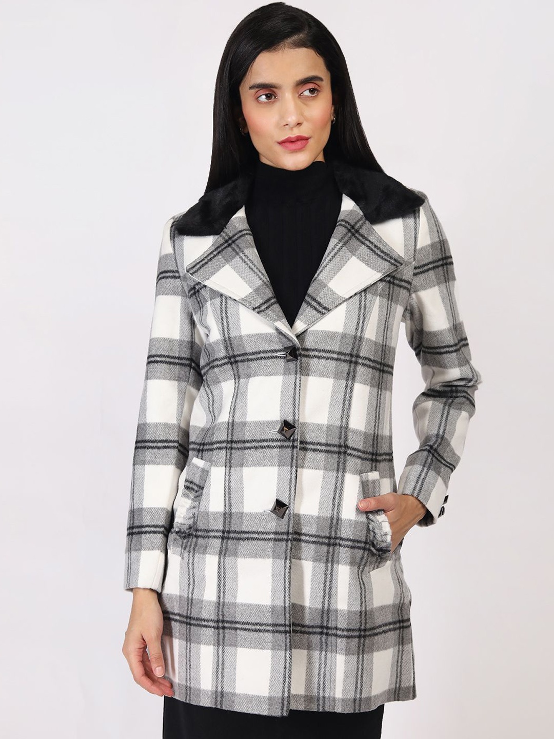 

The Roadster Lifestyle Co. Checked Notched Lapel Single Breasted Overcoat, White