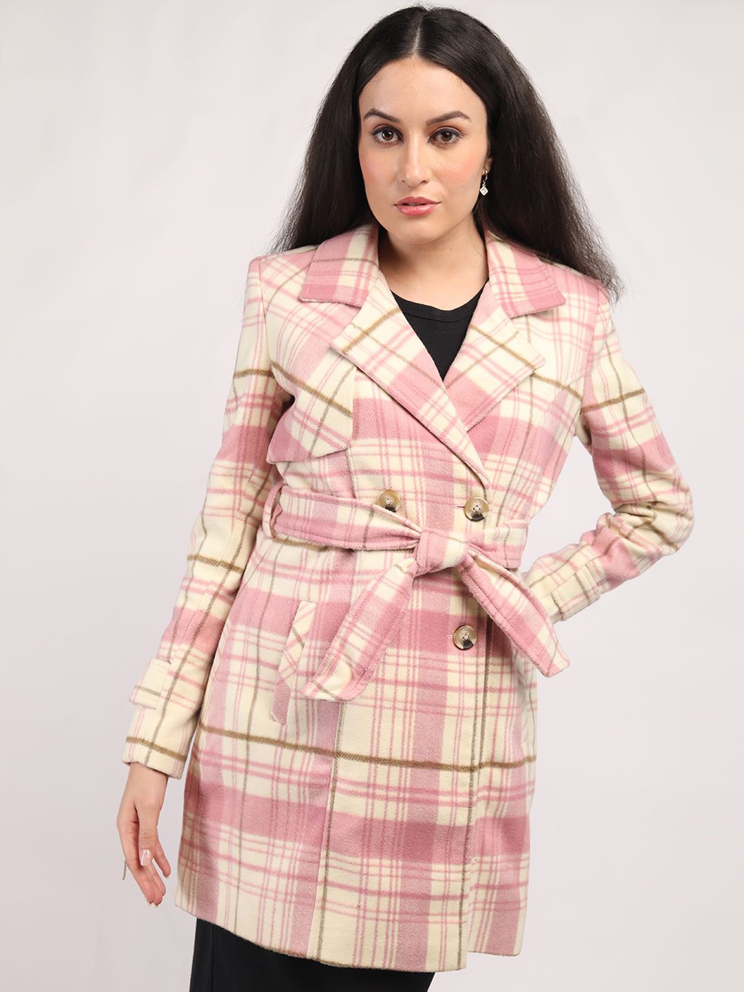 

The Roadster Lifestyle Co Women Checked Double Breasted Notched Lapel Overcoat, Pink