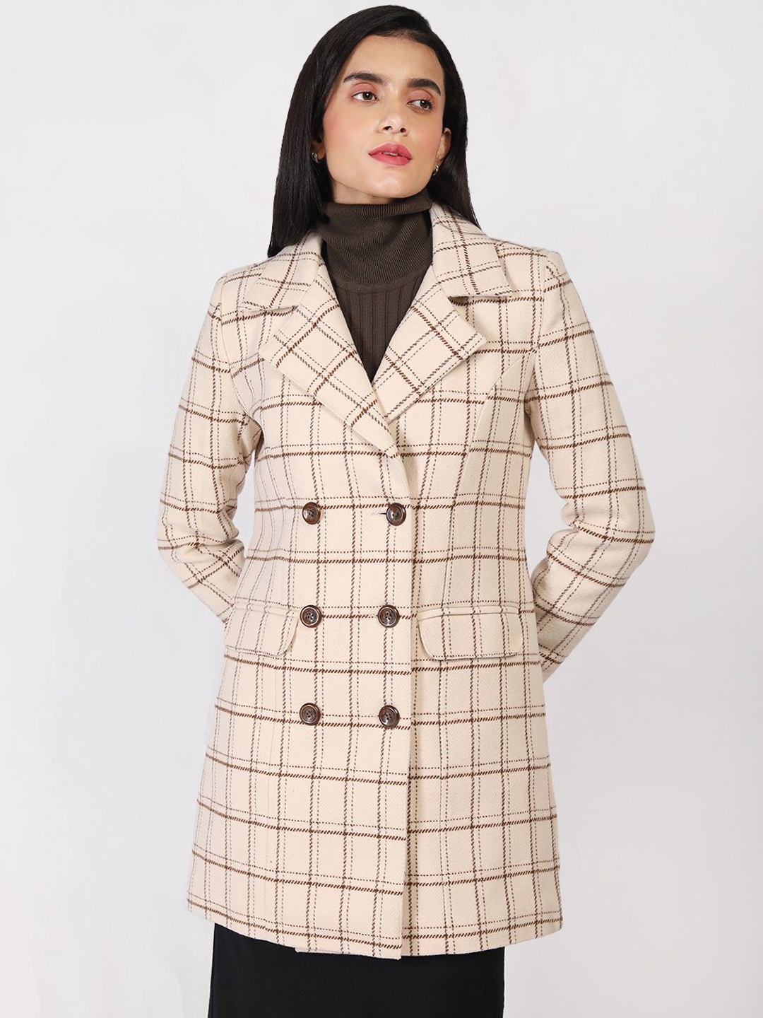 

The Roadster Lifestyle Co Women Checked Notched Lapel Double Breasted Overcoat, White