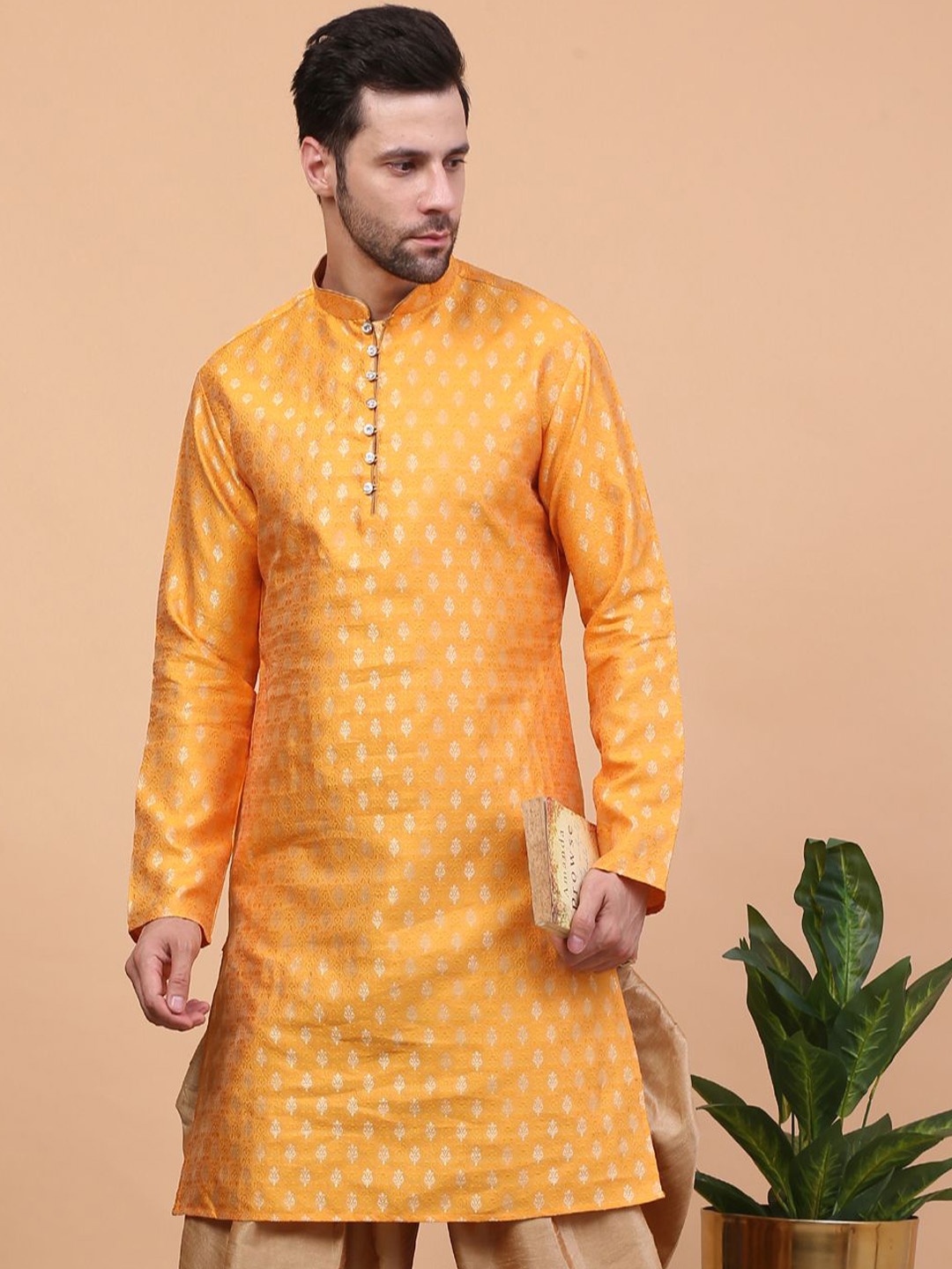 

Larwa Ethnic Motifs Woven Design Mandarin Collar Jacquard Kurta, Yellow