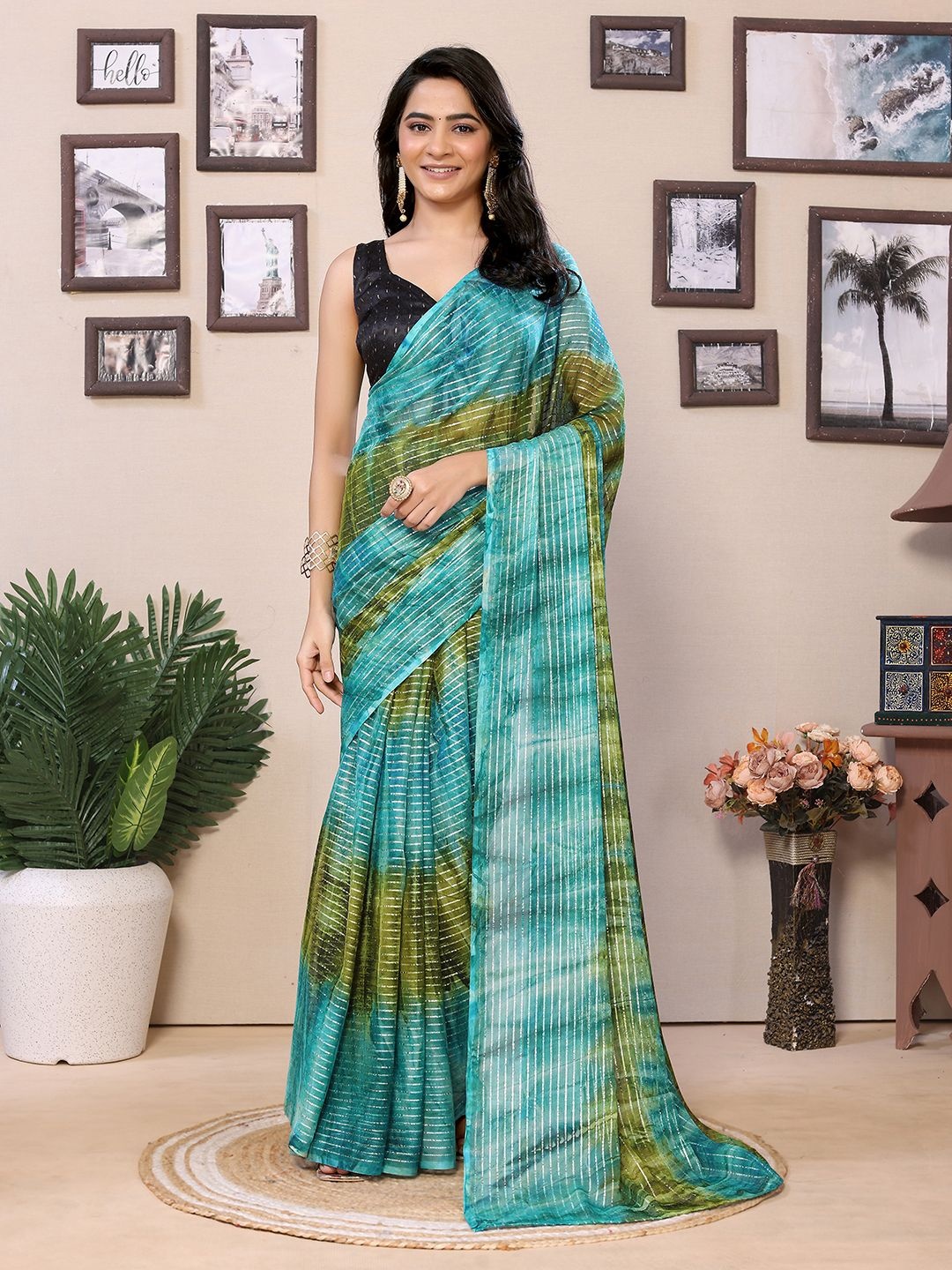 

Mitera Striped Embellished Ready to Wear Saree, Blue