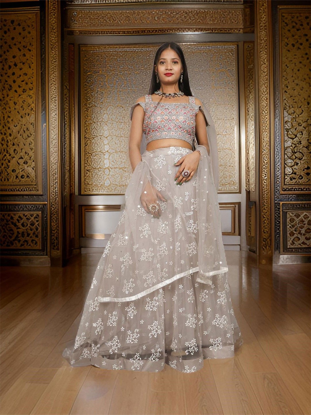 

Shreekama Ready to Wear Lehenga & Blouse With Dupatta, Grey
