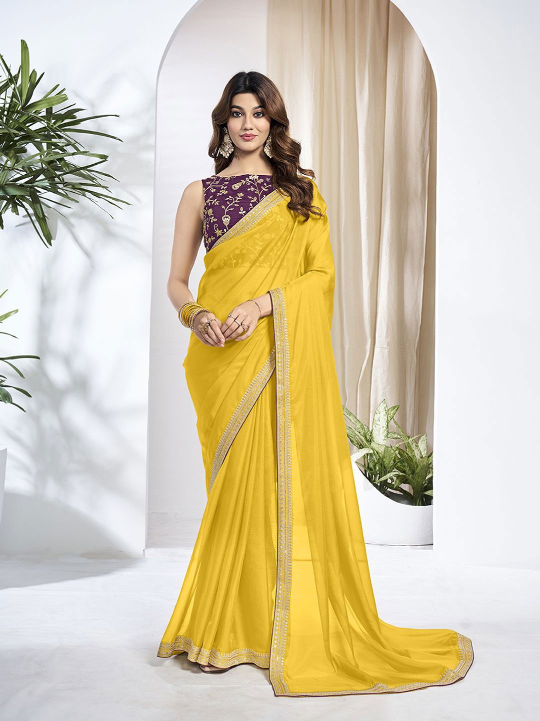 

Inddus Floral Zari Saree, Mustard