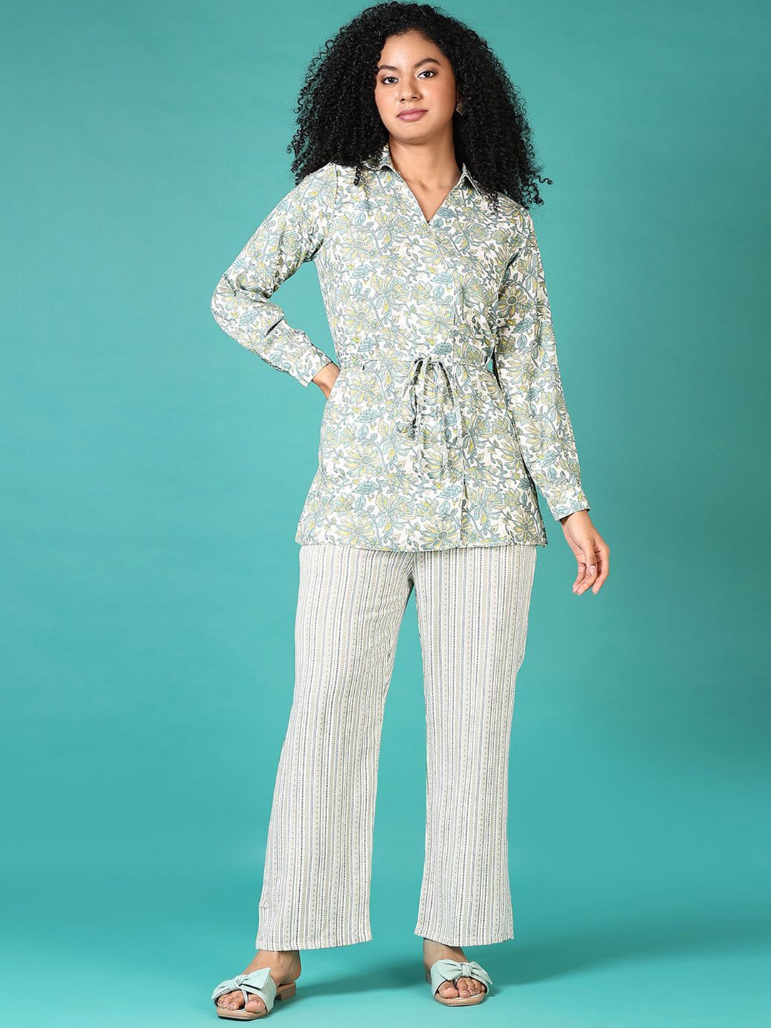 

V-Mart Printed Shirt Collar Long Sleeves Top With Trouser, White