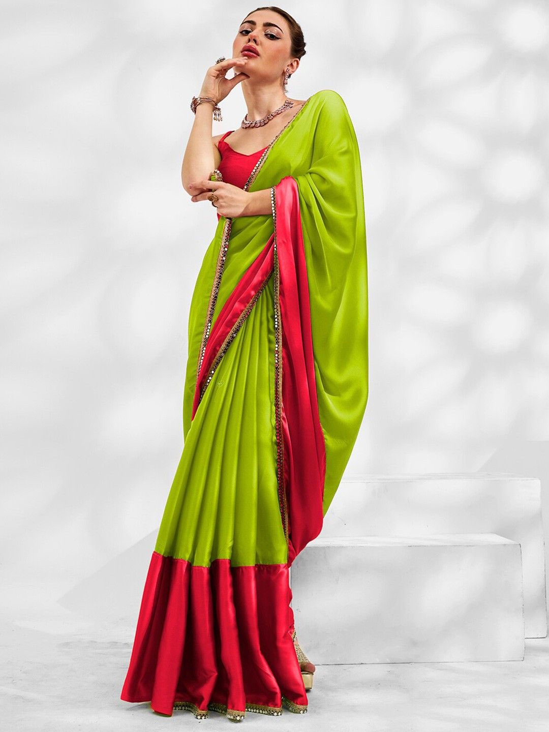 

DIKONA DESIGNER Embellished Mirror Work Satin Half and Half Saree, Lime green