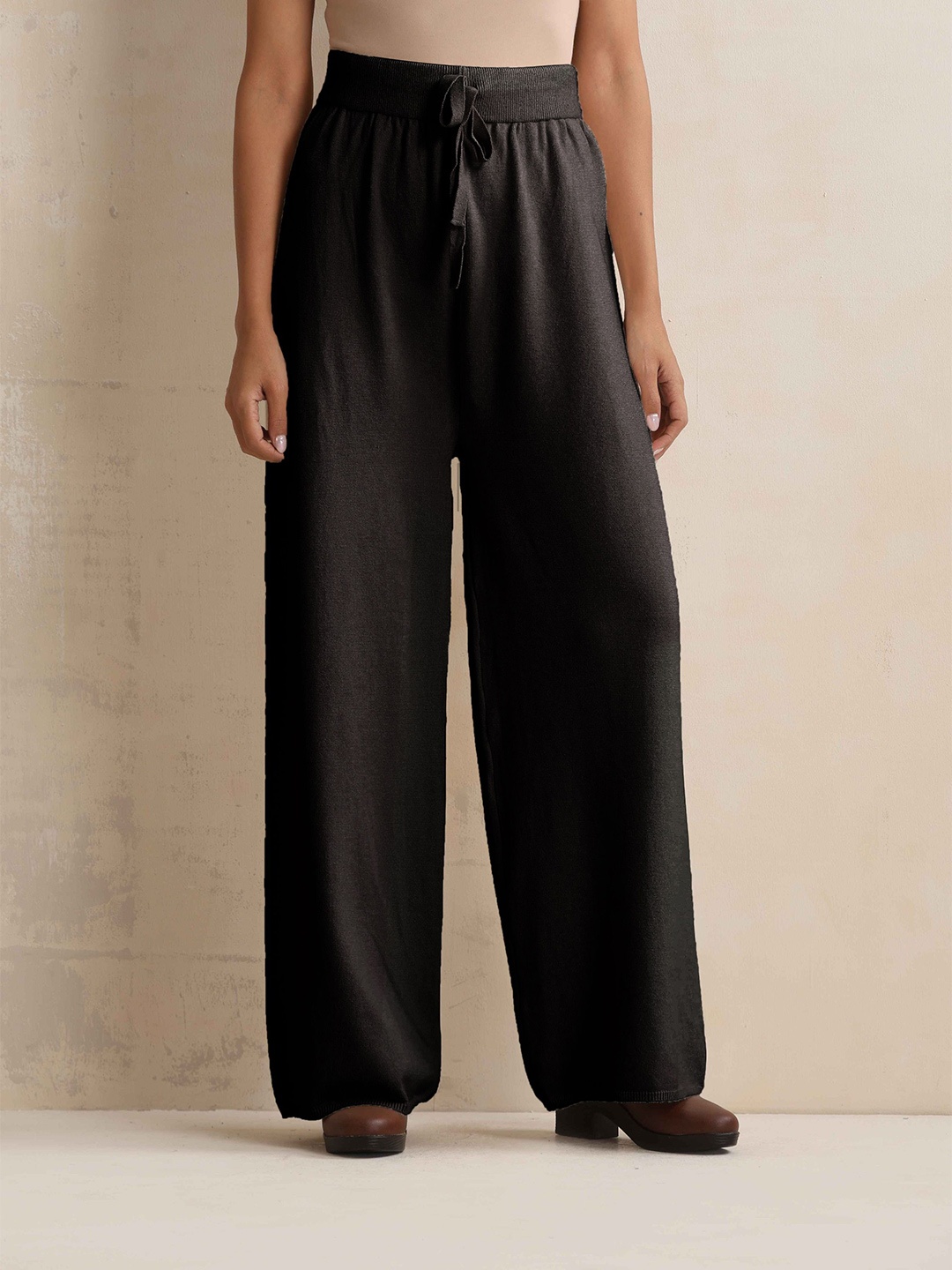 

trueBrowns Women Black Woollen Flared Pants