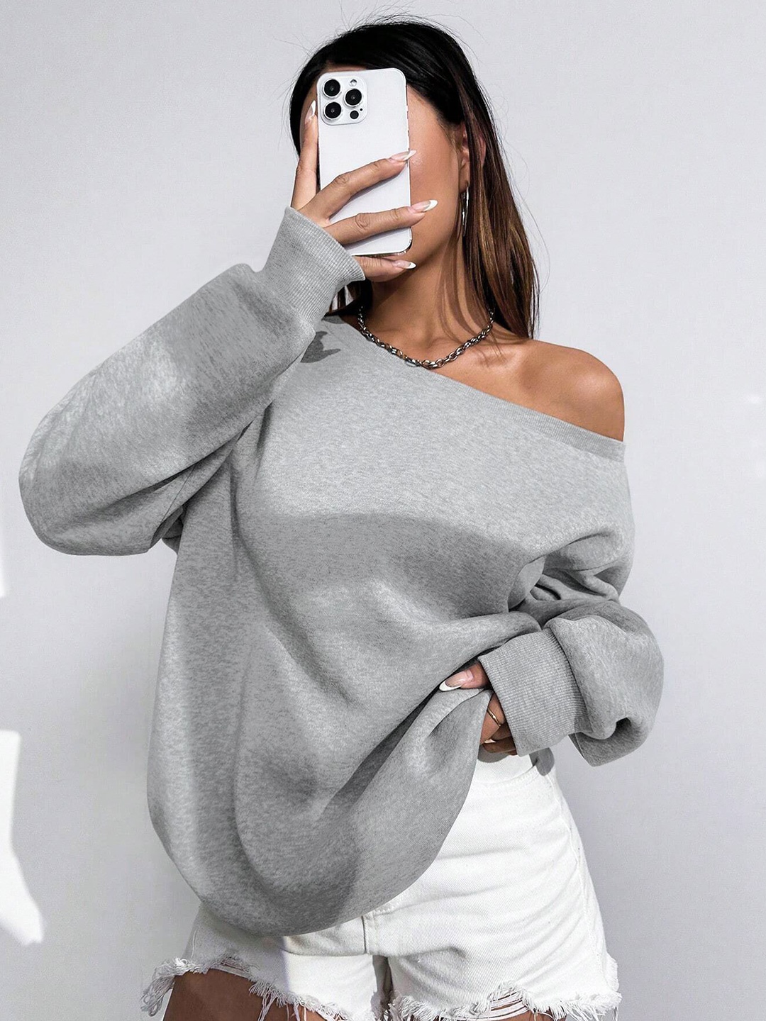 

Stylecast X Slyck Solid Off Shoulder Oversized Sweatshirt, Grey