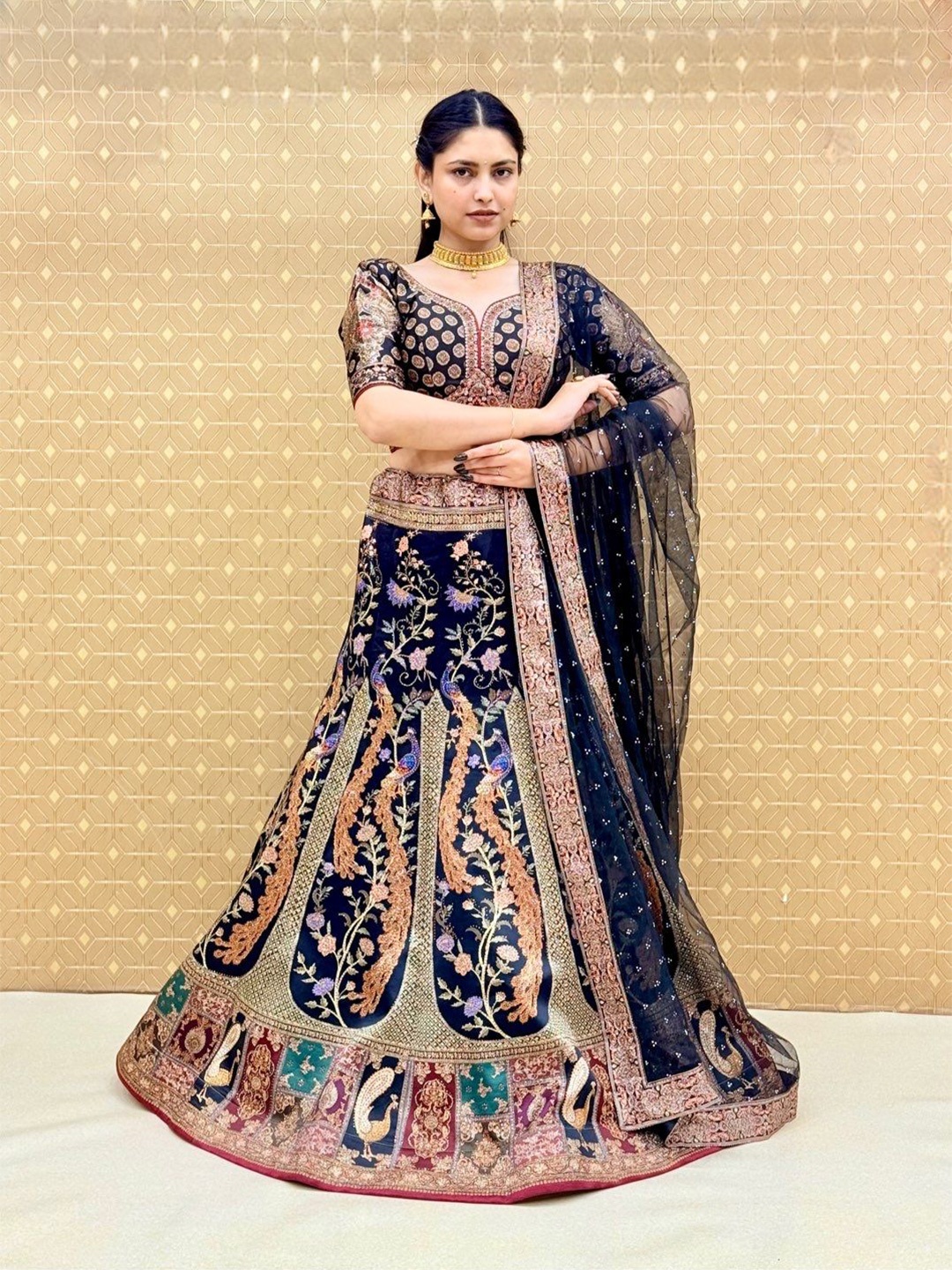

KUNDAN FAB Printed Ready to Wear Lehenga & Blouse With Dupatta, Navy blue