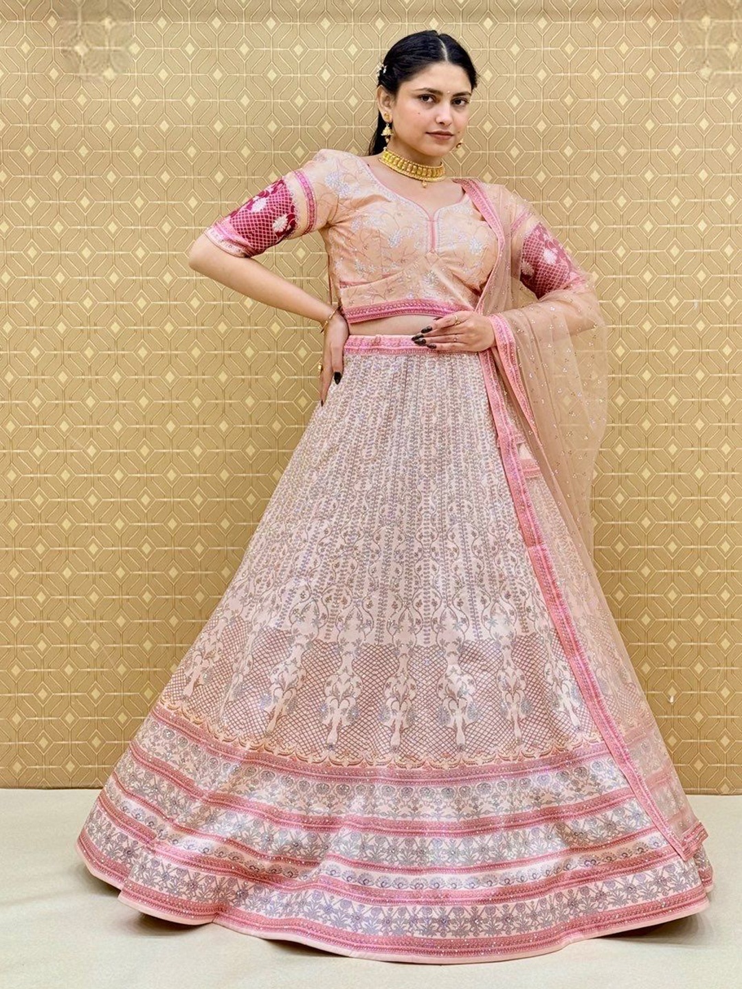 

KUNDAN FAB Embellished Ready to Wear Lehenga & Blouse With Dupatta, Pink