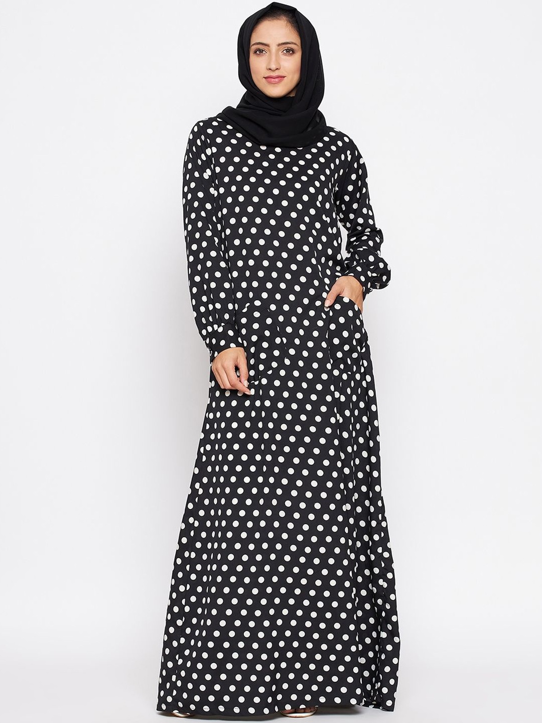 

NABIA Women Polka Dot Printed Round Neck Abaya Burqa With Scarf, Black