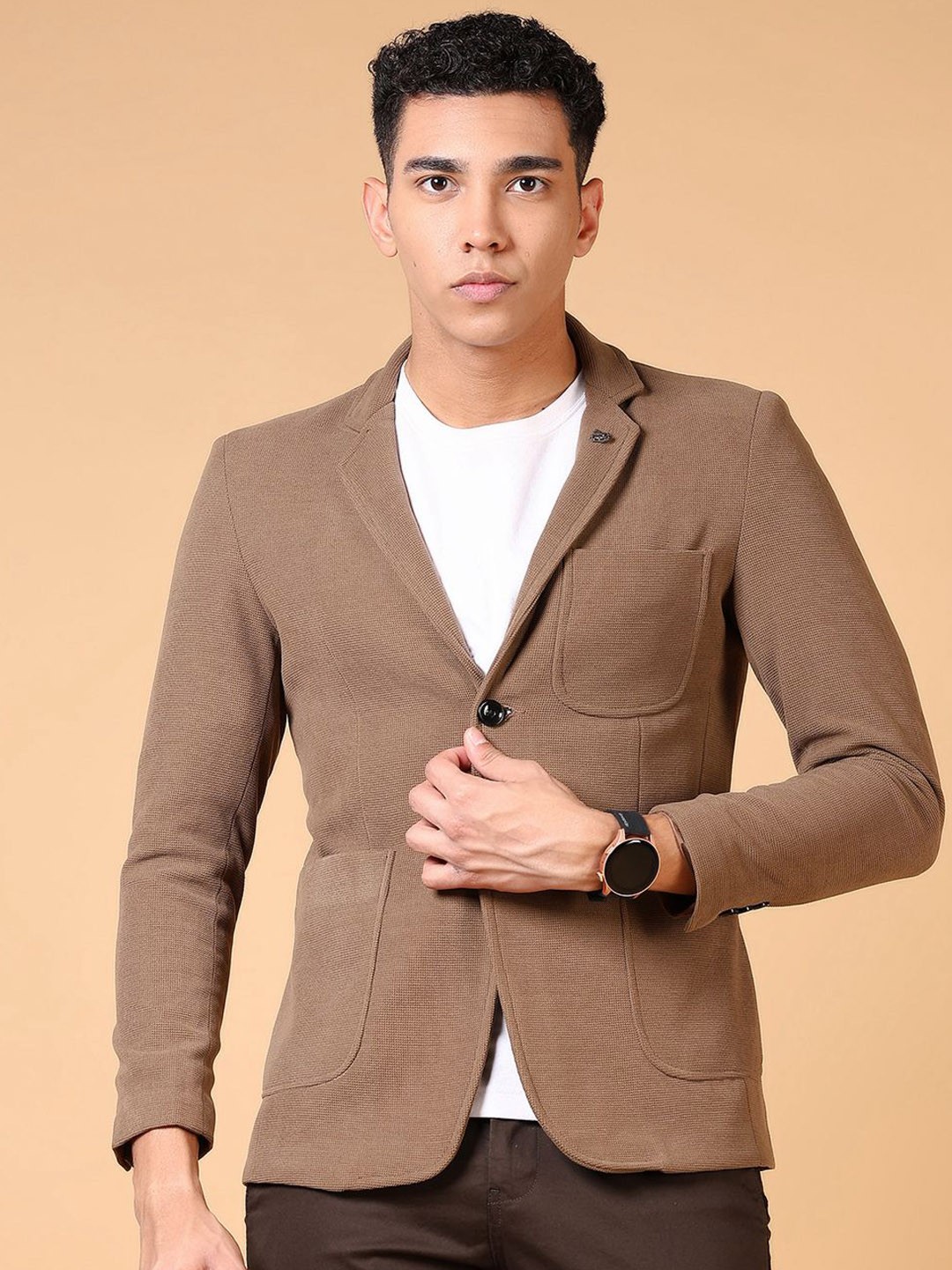 

V-Mart Single Breasted Notched Lapel Blazers, Khaki