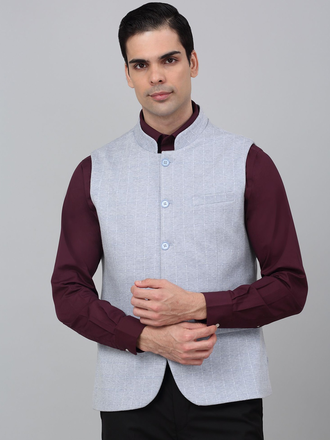 

Cantabil Checked Single-Breasted Slim Fit Nehru Jacke, Blue