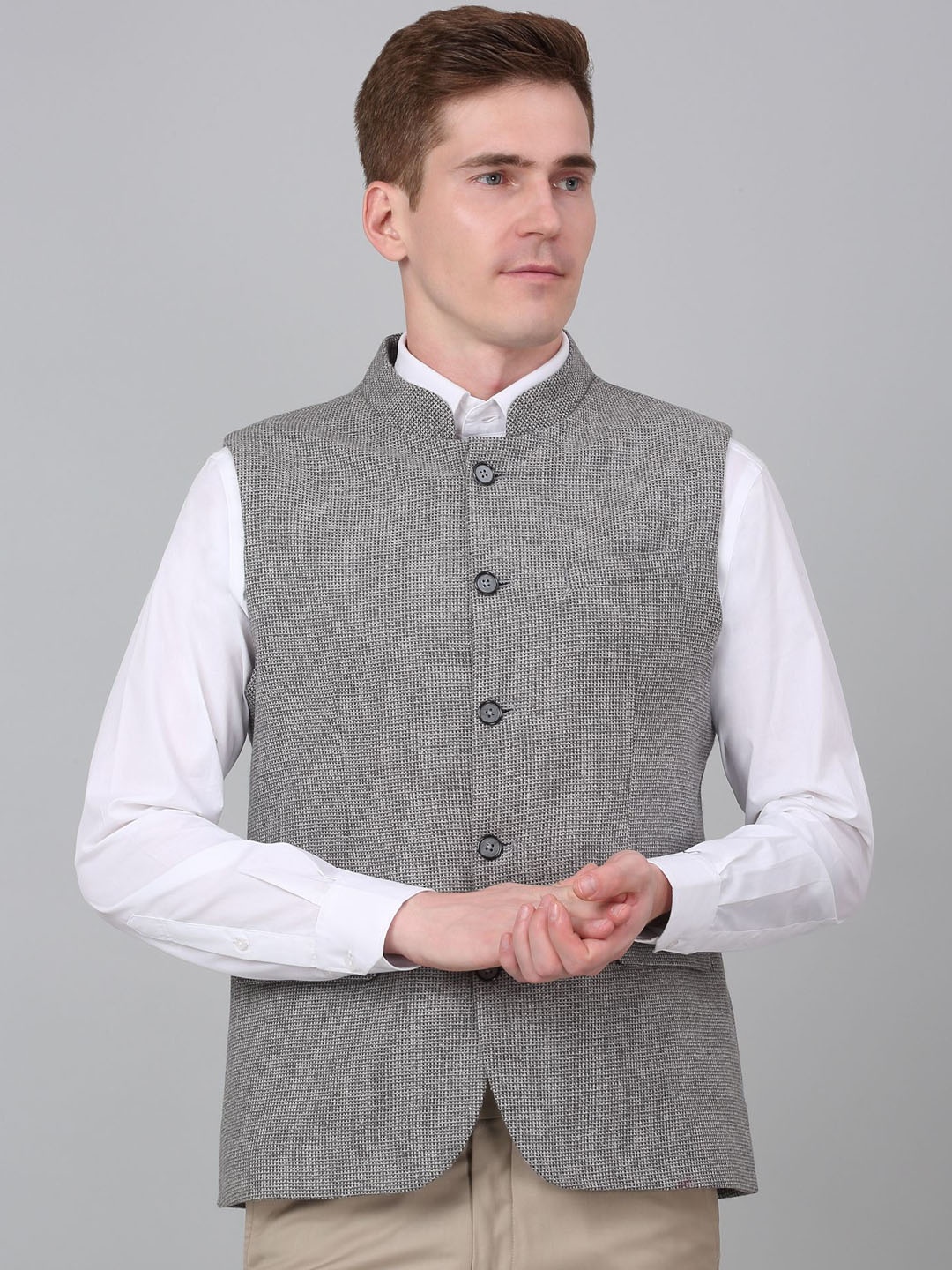 

Cantabil Self Design Single-Breasted Slim Fit Nehru Jacket, Grey