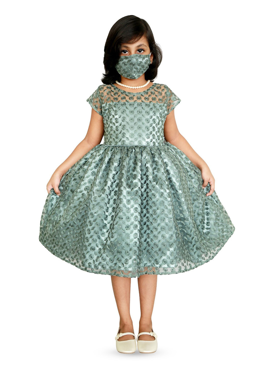 

BAESD Girls Embroidered Cap Sleeves Fit & Flare Dress, Green