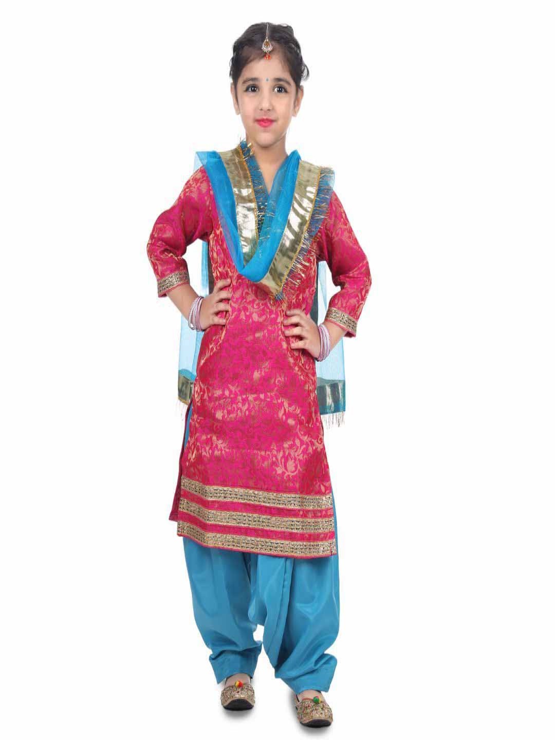 

itsmycostume Girls Floral Woven Design Dupion Silk Kurta With Salwar & Dupatta, Pink