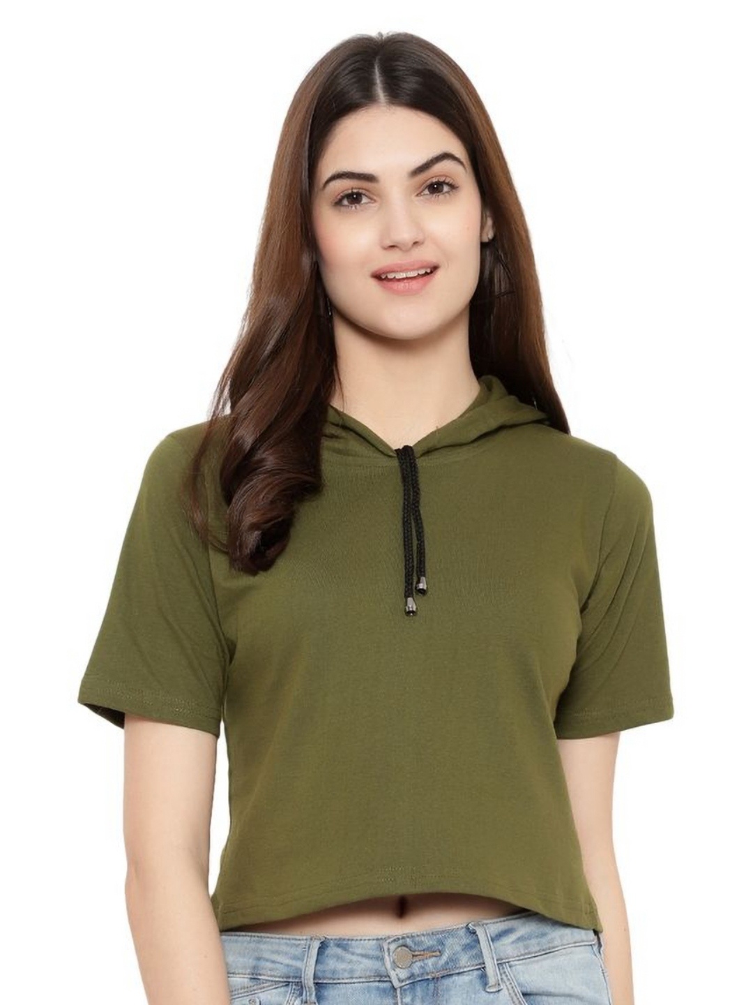 

DEEPMAYRA COLLECTION Women Solid Hooded Cotton T-shirt, Olive