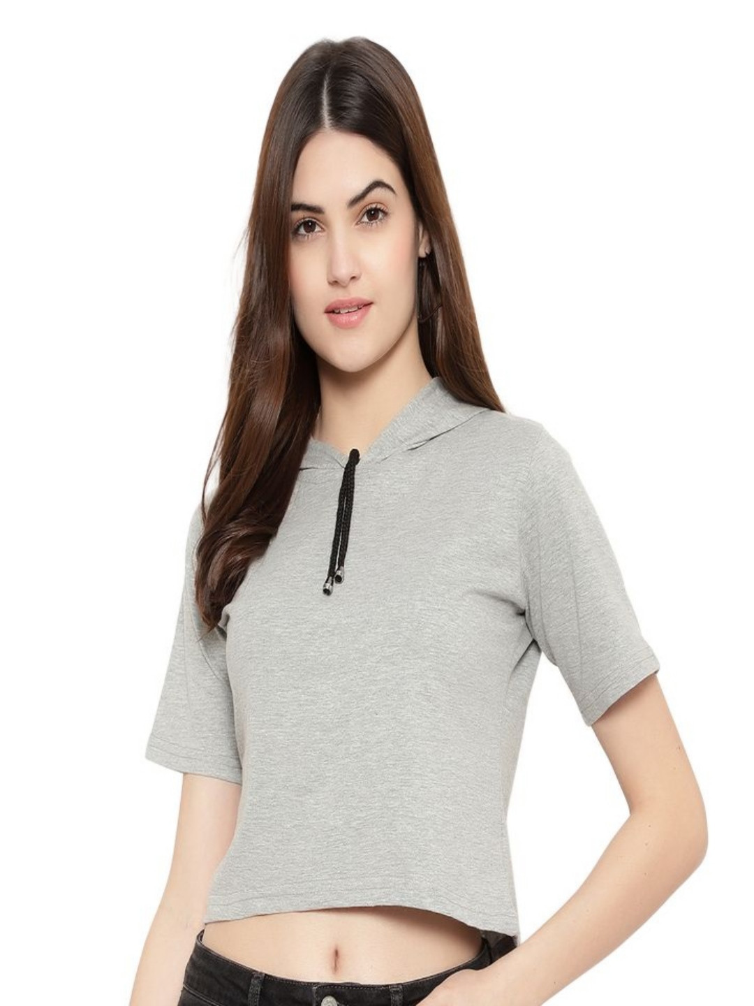 

DEEPMAYRA COLLECTION Women Solid Hooded Cotton T-shirt, Grey