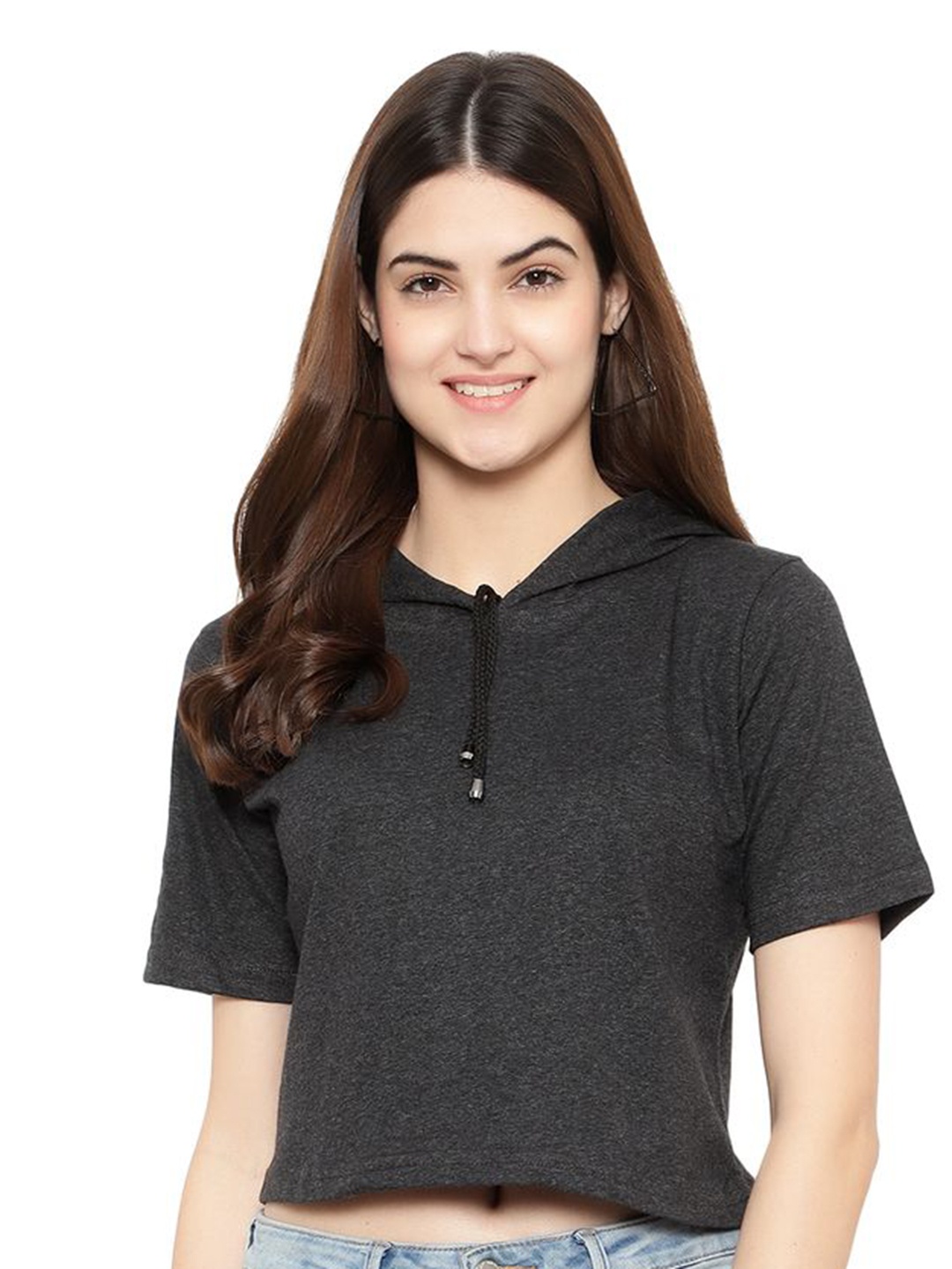 

DEEPMAYRA COLLECTION Women Solid Hooded Cotton T-shirt, Charcoal