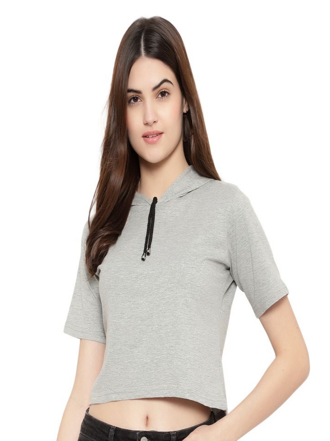 

DEEPMAYRA COLLECTION Women Solid Hooded Cotton T-shirt, Grey