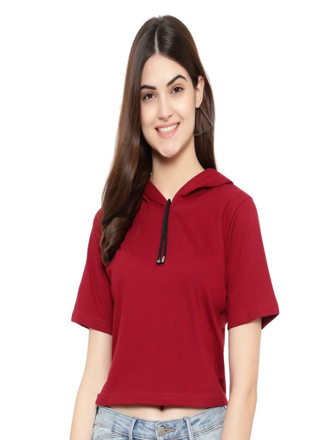 

DEEPMAYRA COLLECTION Women Solid Hooded Cotton T-shirt, Maroon