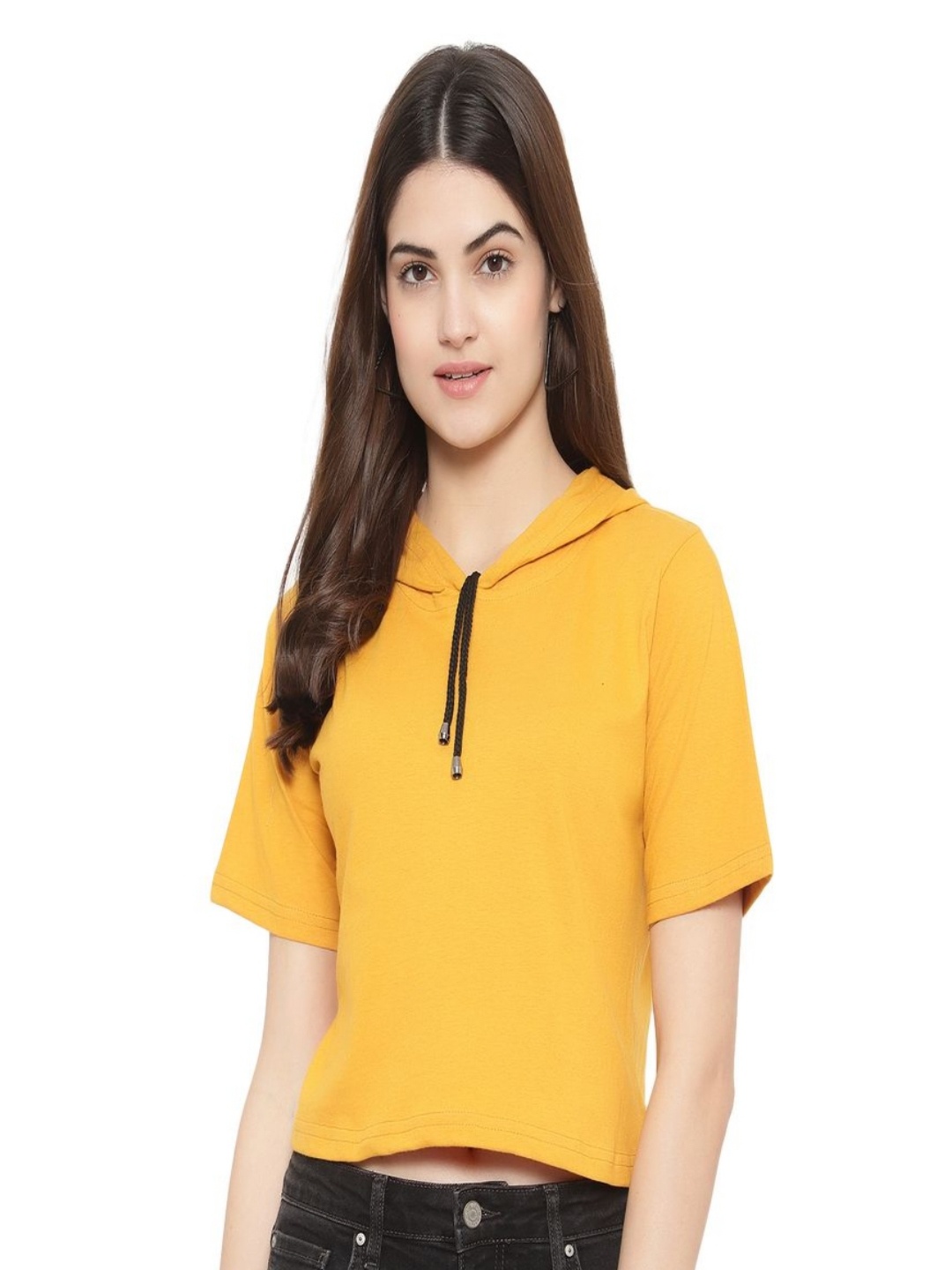 

DEEPMAYRA COLLECTION Women Solid Hooded Cotton T-shirt, Mustard