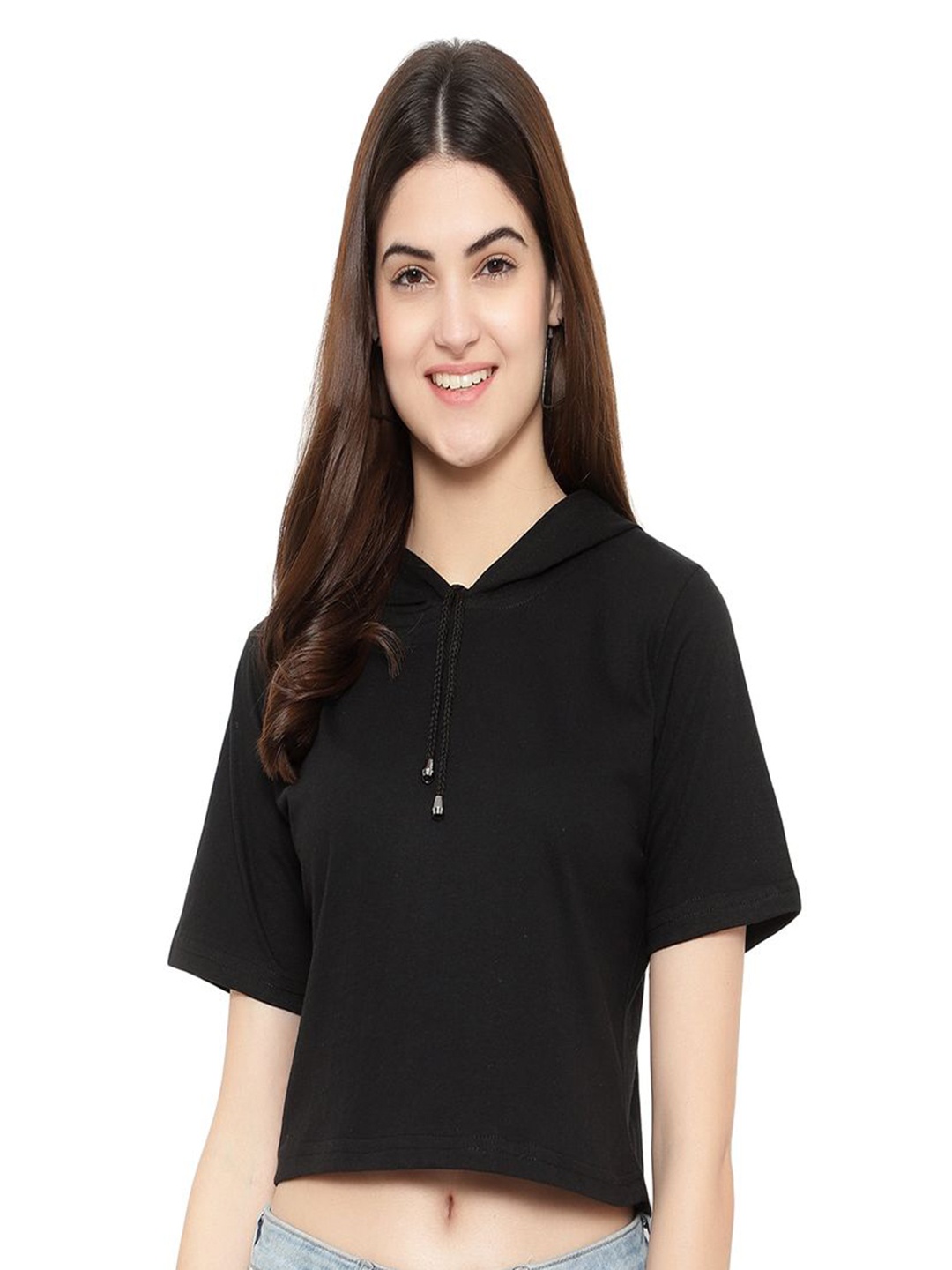 

DEEPMAYRA COLLECTION Women Solid Hooded Cotton T-shirt, Black