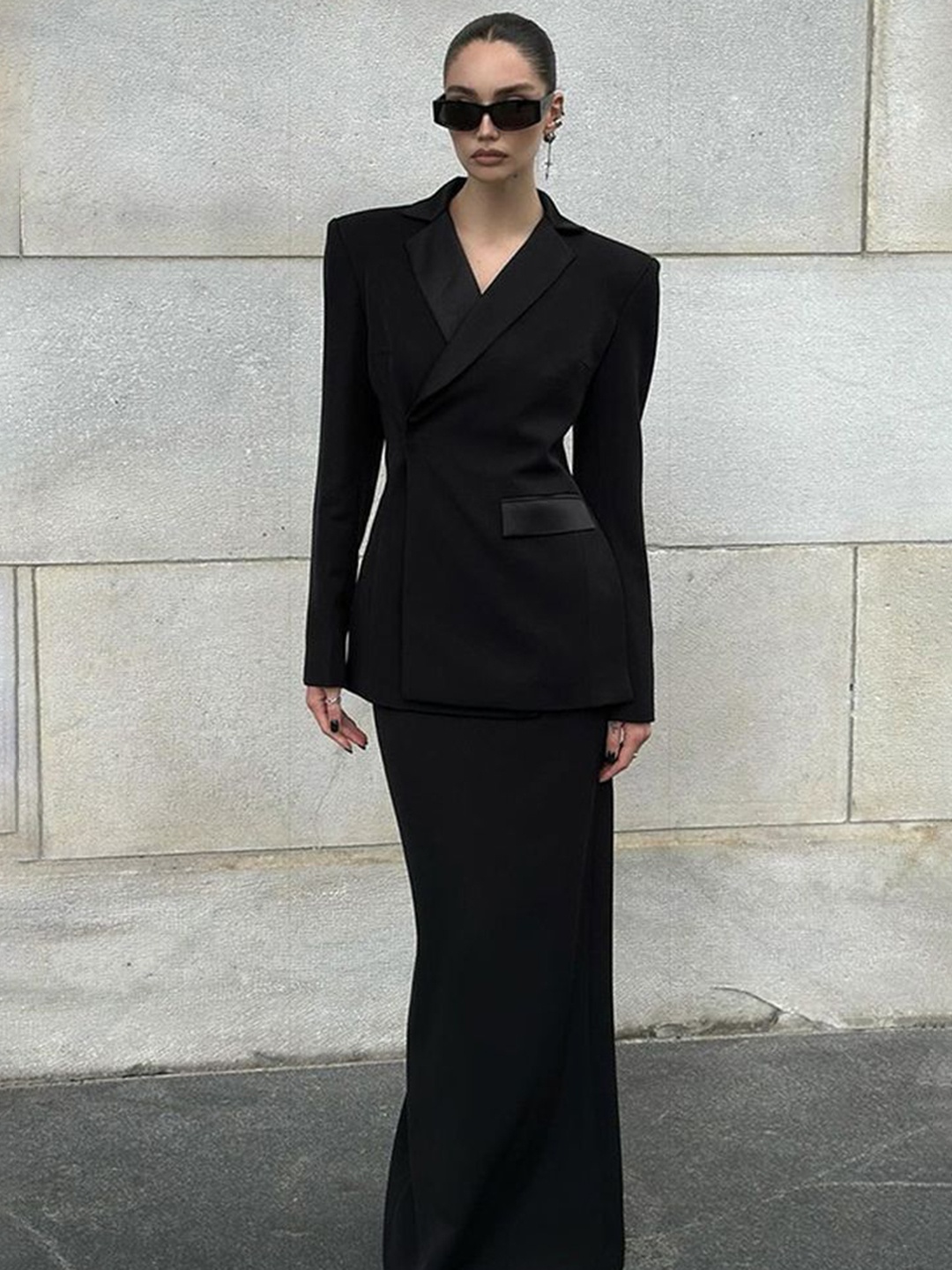 

LULU & SKY Shawl Neck Long Sleeves Tailored Blazer With Skirt, Black